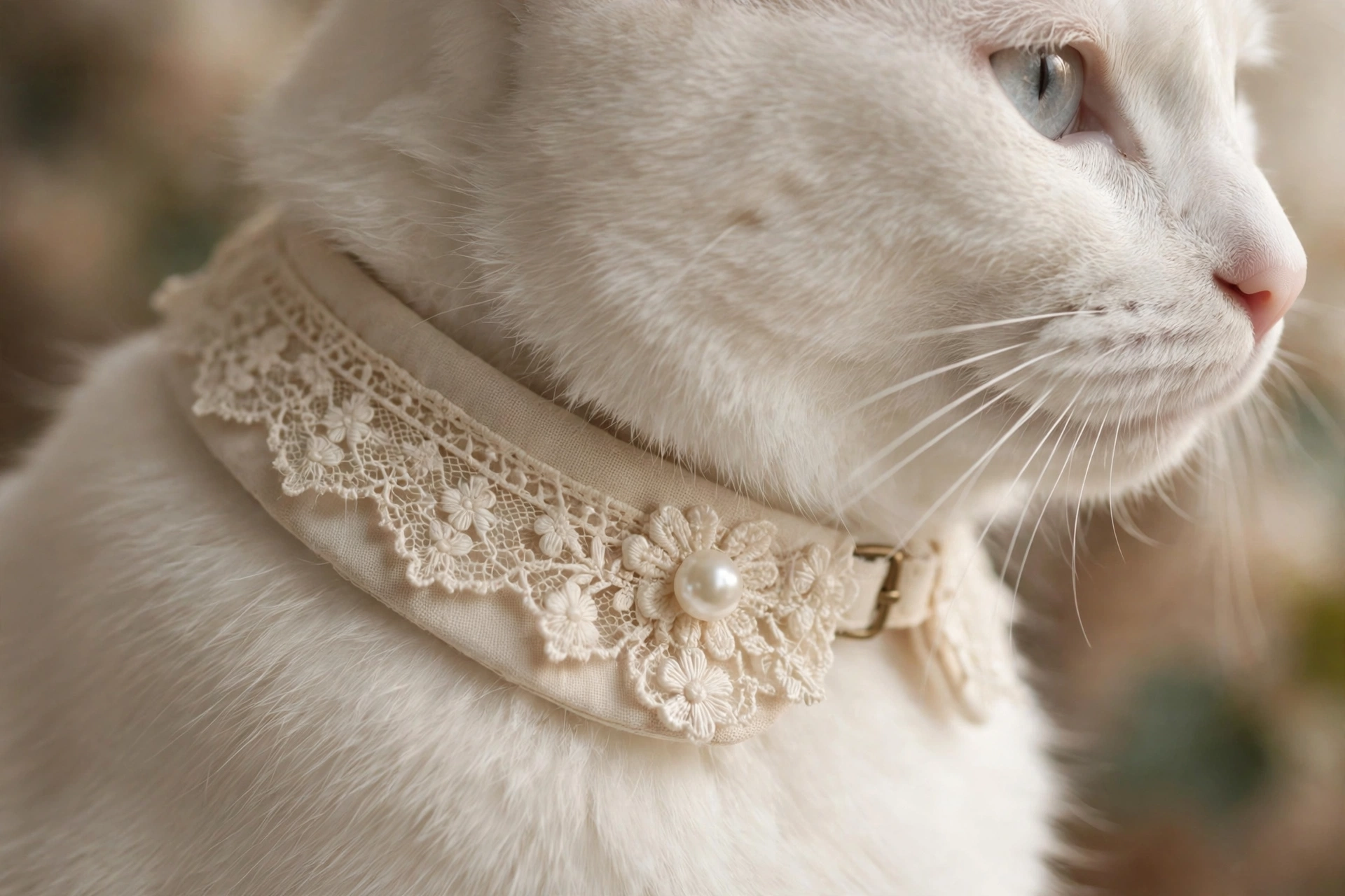Ivory vintage lace cat collar with floral lace trim and pearl bead on white cat