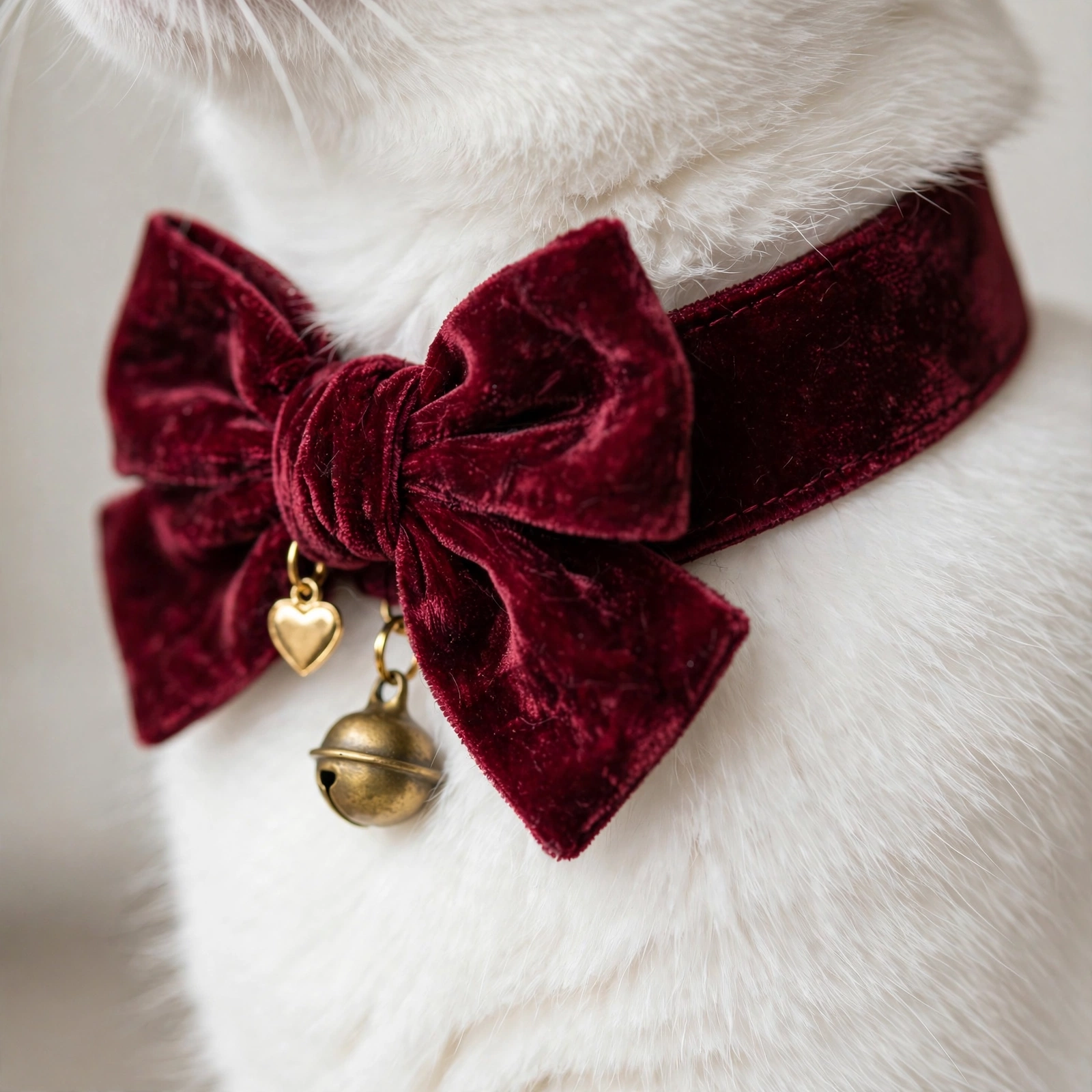 Burgundy velvet cat collar with fabric bow and gold heart charm on white cat