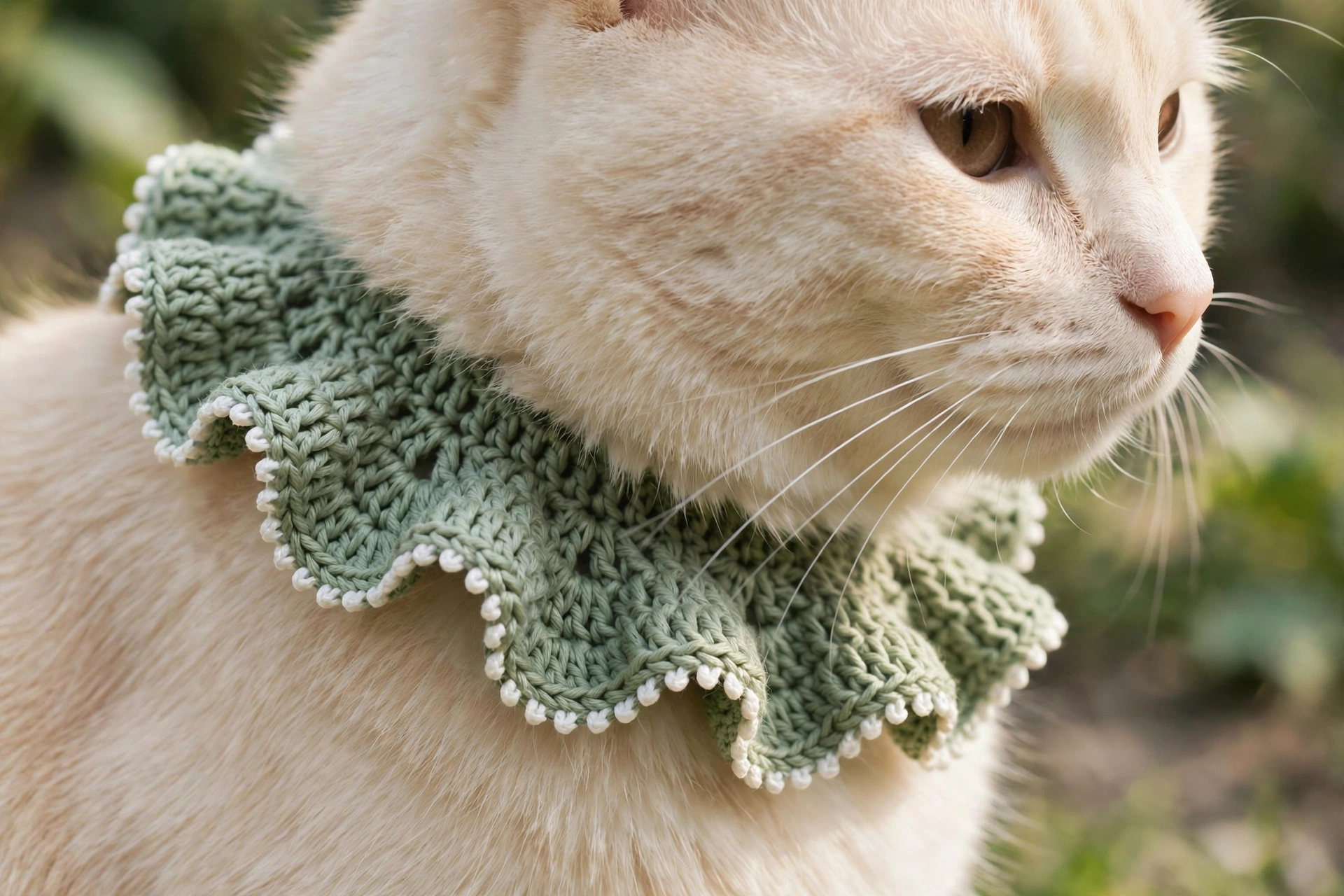 Sage green crocheted scalloped ruffle cat collar with picot edging