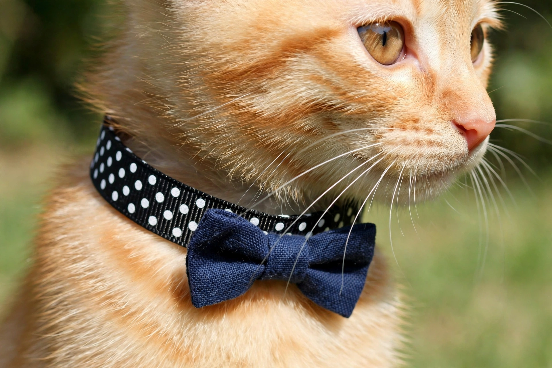 Polka dot ribbon cat collar with navy fabric bowtie on ginger kitten