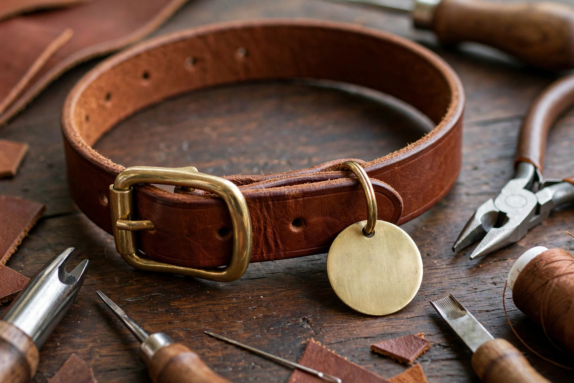 Chestnut leather cat collar with brass buckle and engraved name tag on wooden table