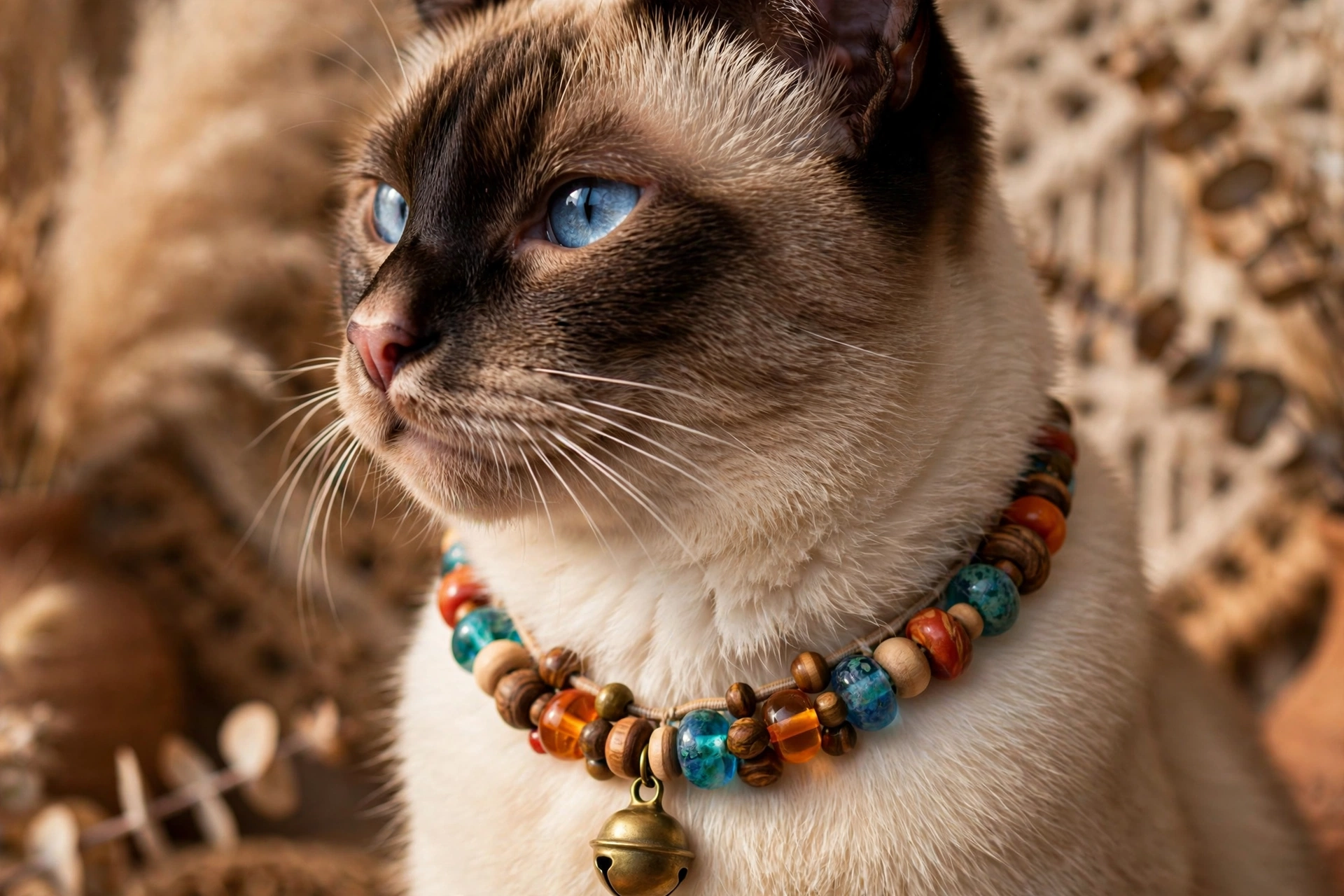 Bohemian beaded cat collar with colorful glass beads and brass bell on Siamese cat