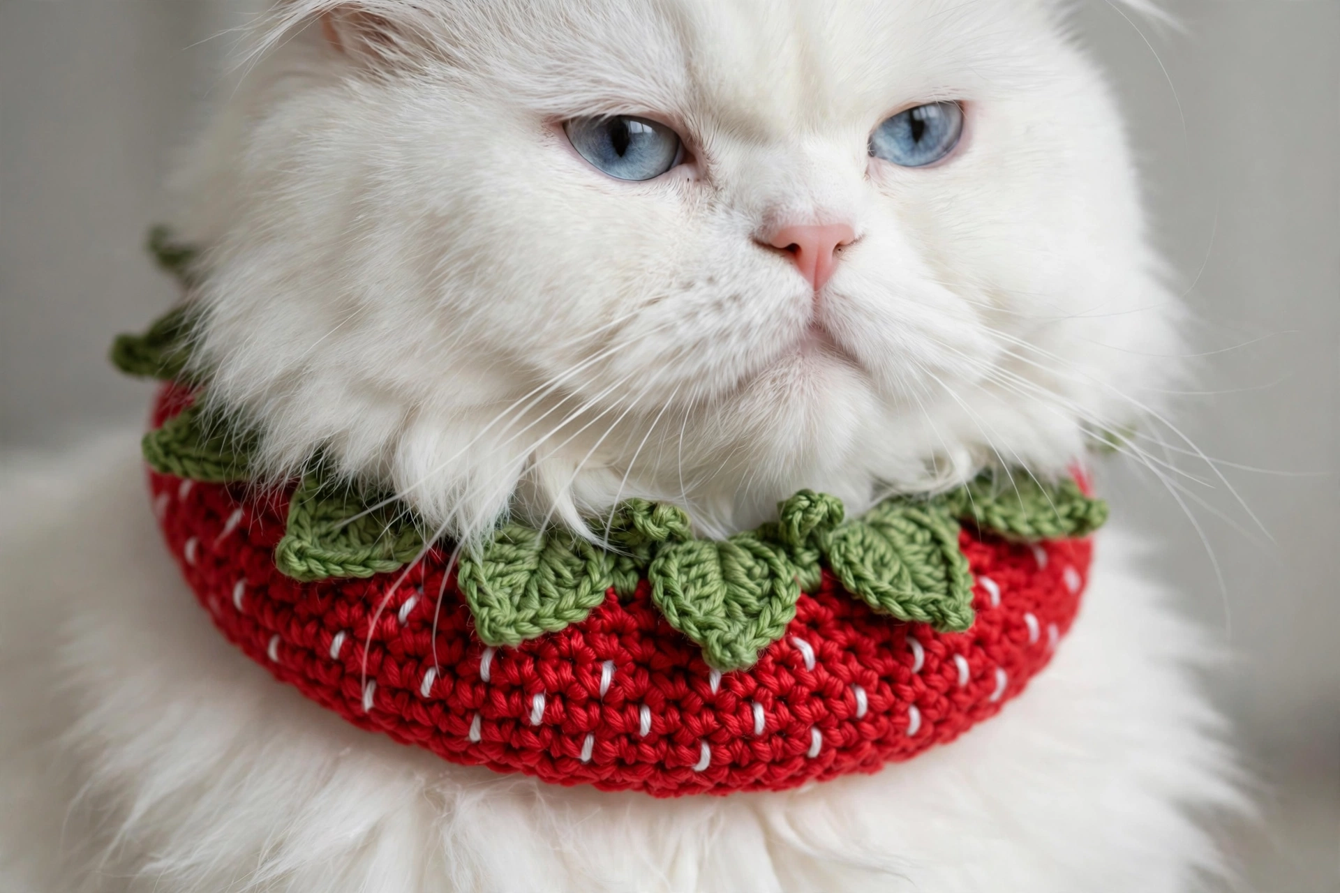 Red crocheted strawberry cat collar with green leaves on white Persian cat
