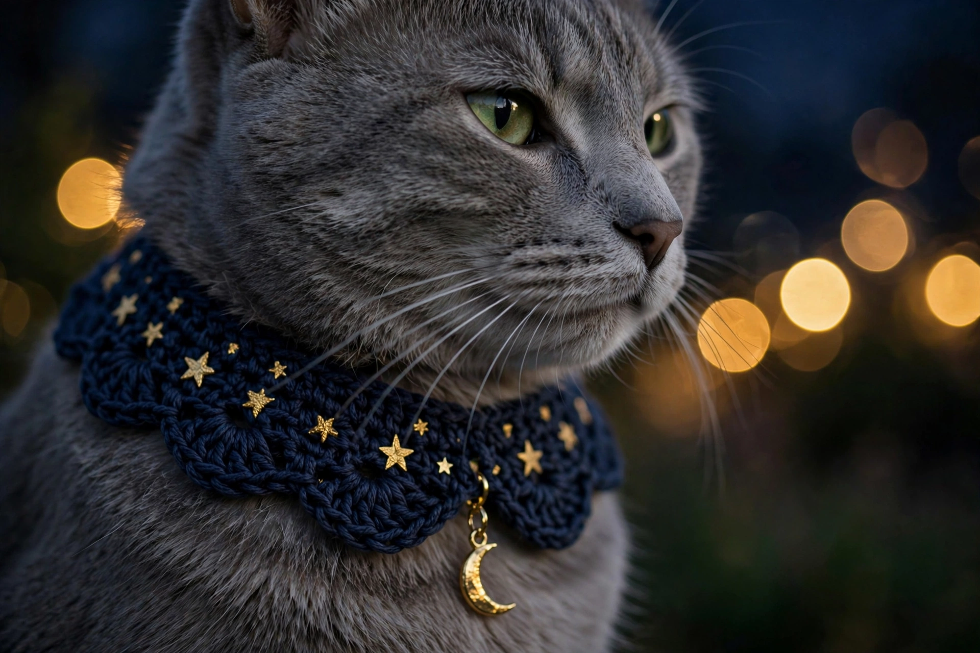 Midnight blue crocheted cat collar with gold star appliques and moon charm on gray cat