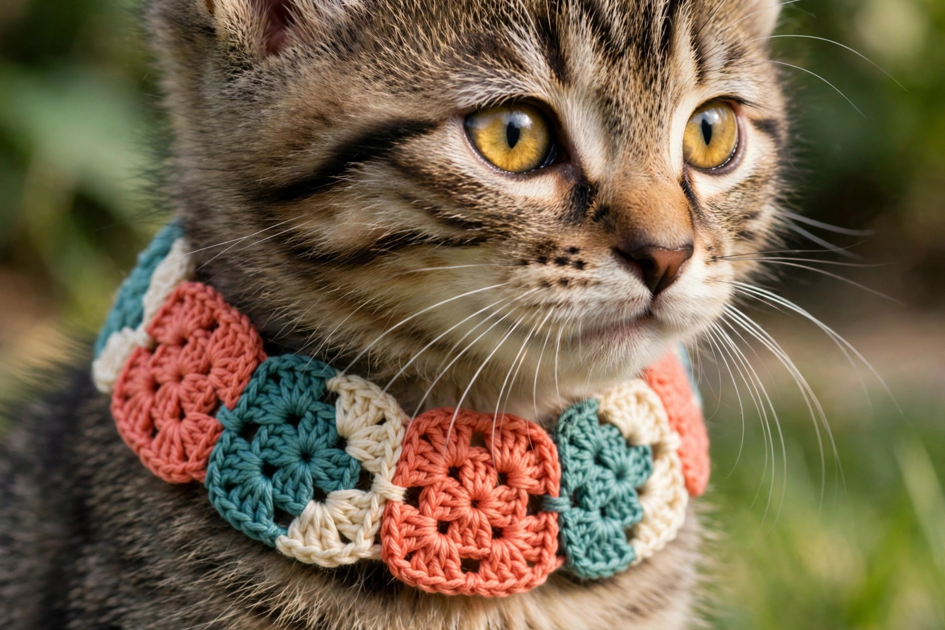 Colorful granny square crochet cat collar in coral teal and cream on tabby kitten