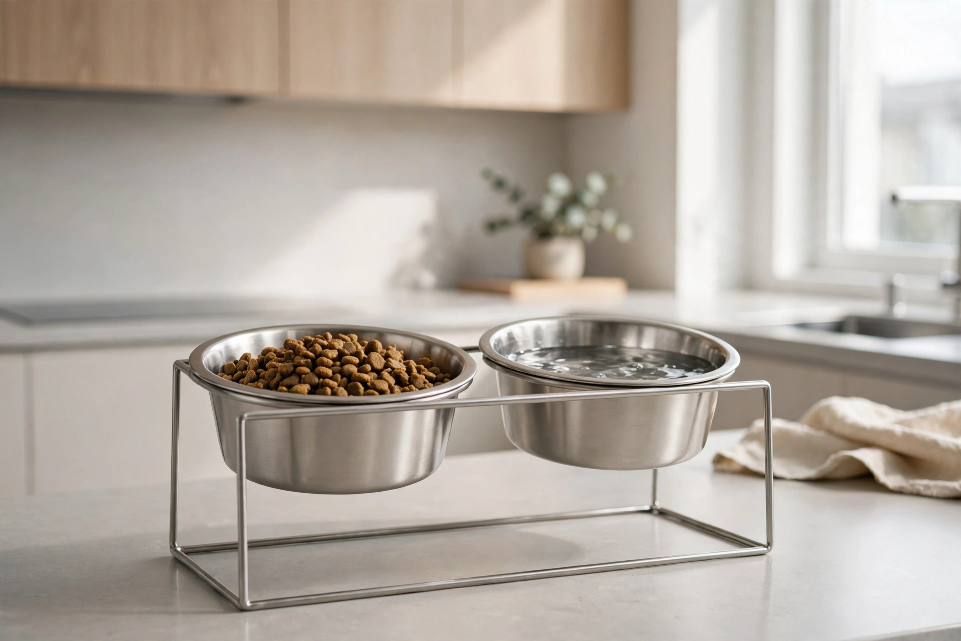 Two stainless steel cat bowls on a minimal stand