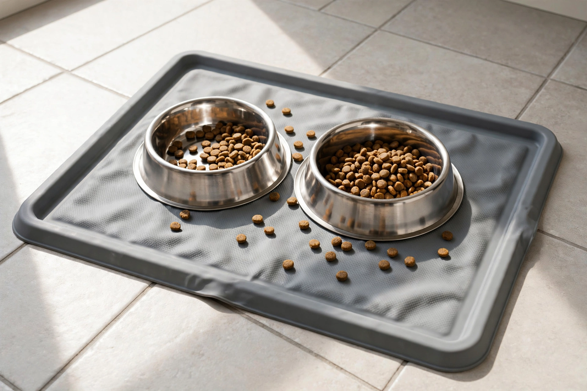 Waterproof silicone feeding mat under cat food bowls