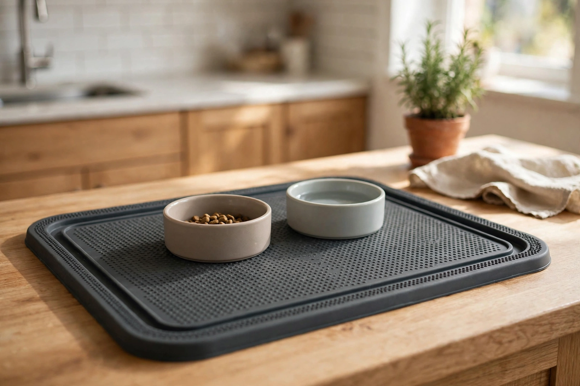 Gray anti-slip silicone mat holding two cat bowls