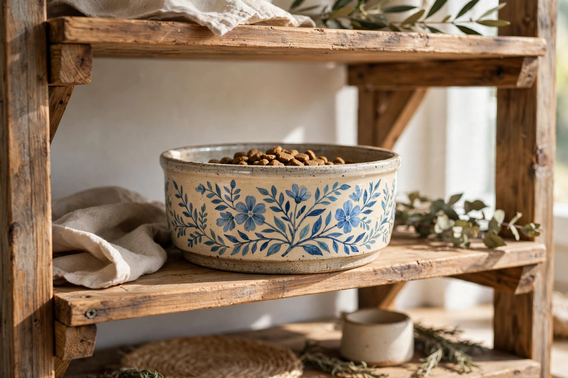 Hand-painted botanical stoneware cat food bowl