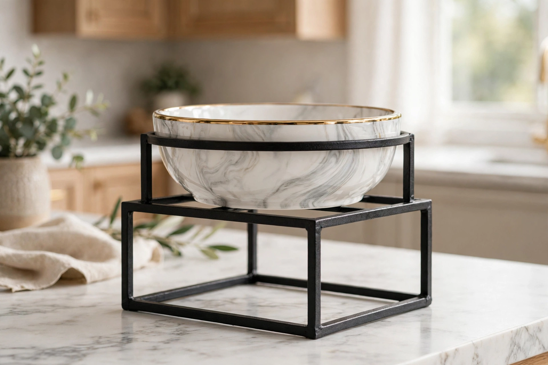 Marble pattern ceramic elevated cat bowl with gold trim on a stand