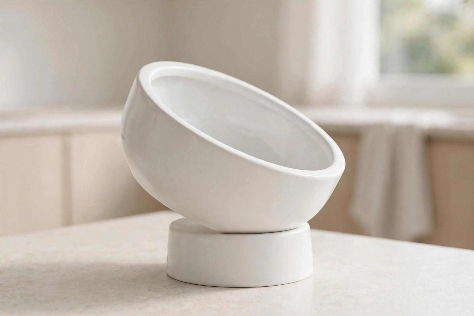 Raised white ceramic cat food bowl with wide tilted opening