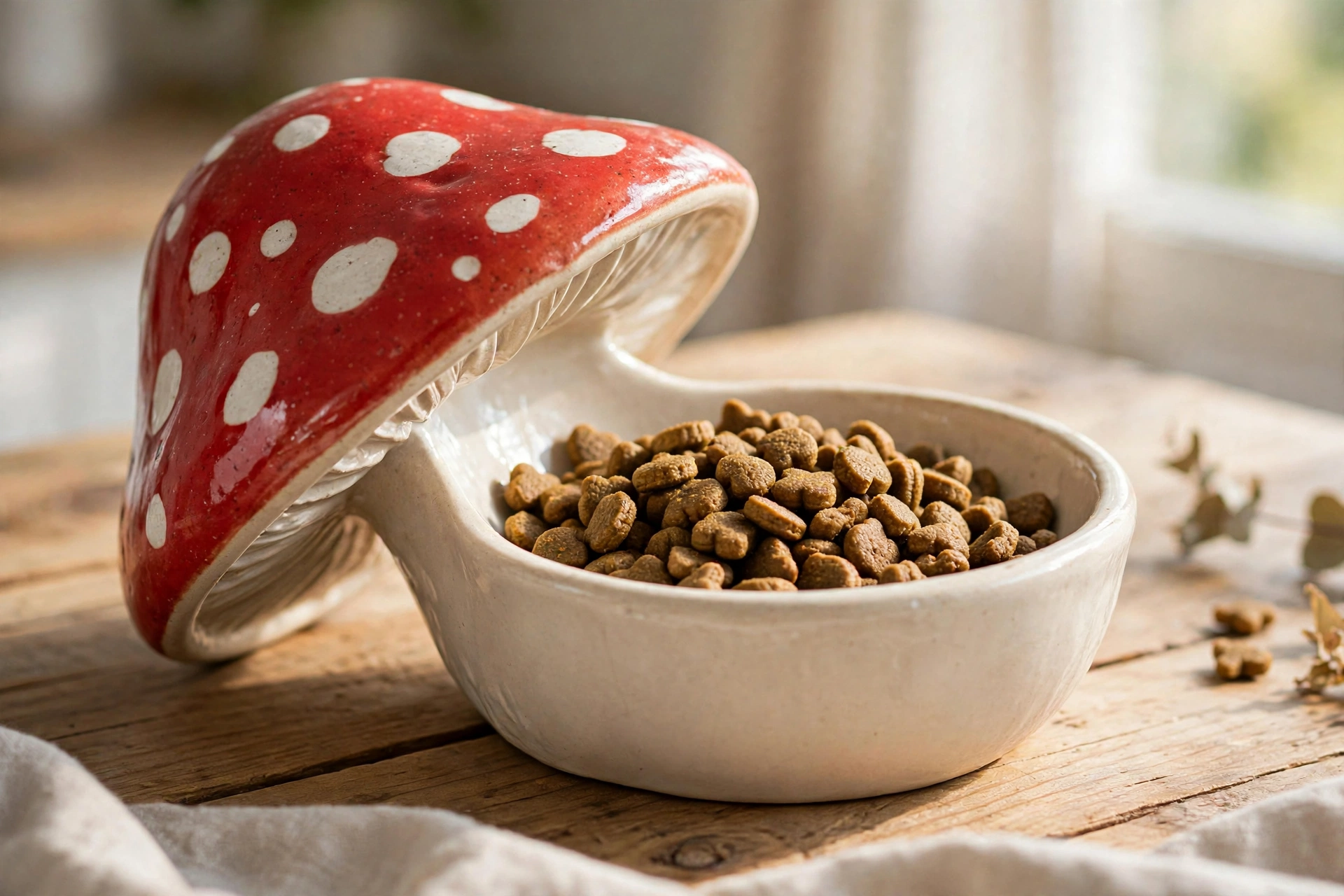 Mushroom shaped tilted ceramic cat food bowl