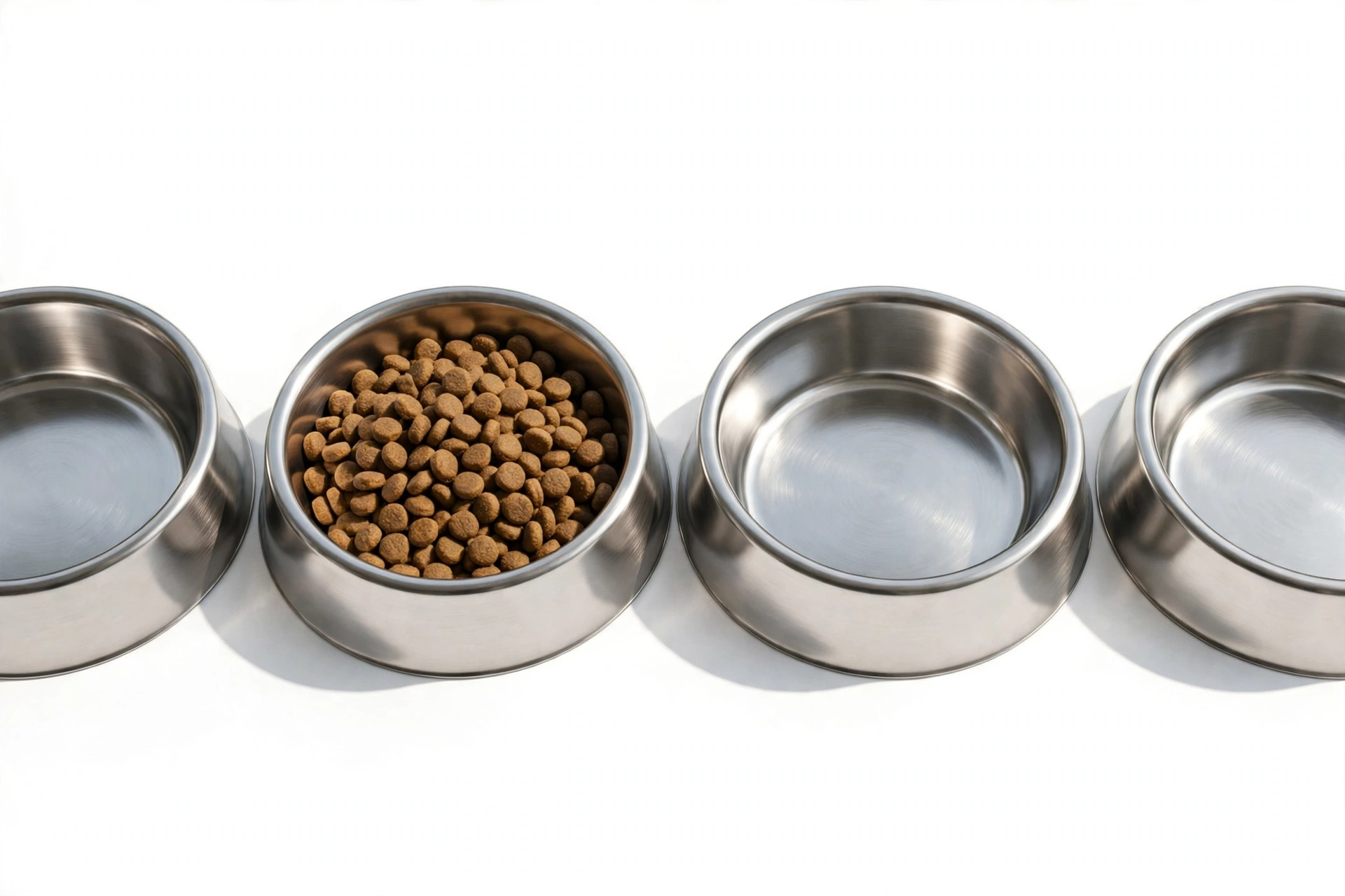 Set of four shallow stainless steel cat food bowls