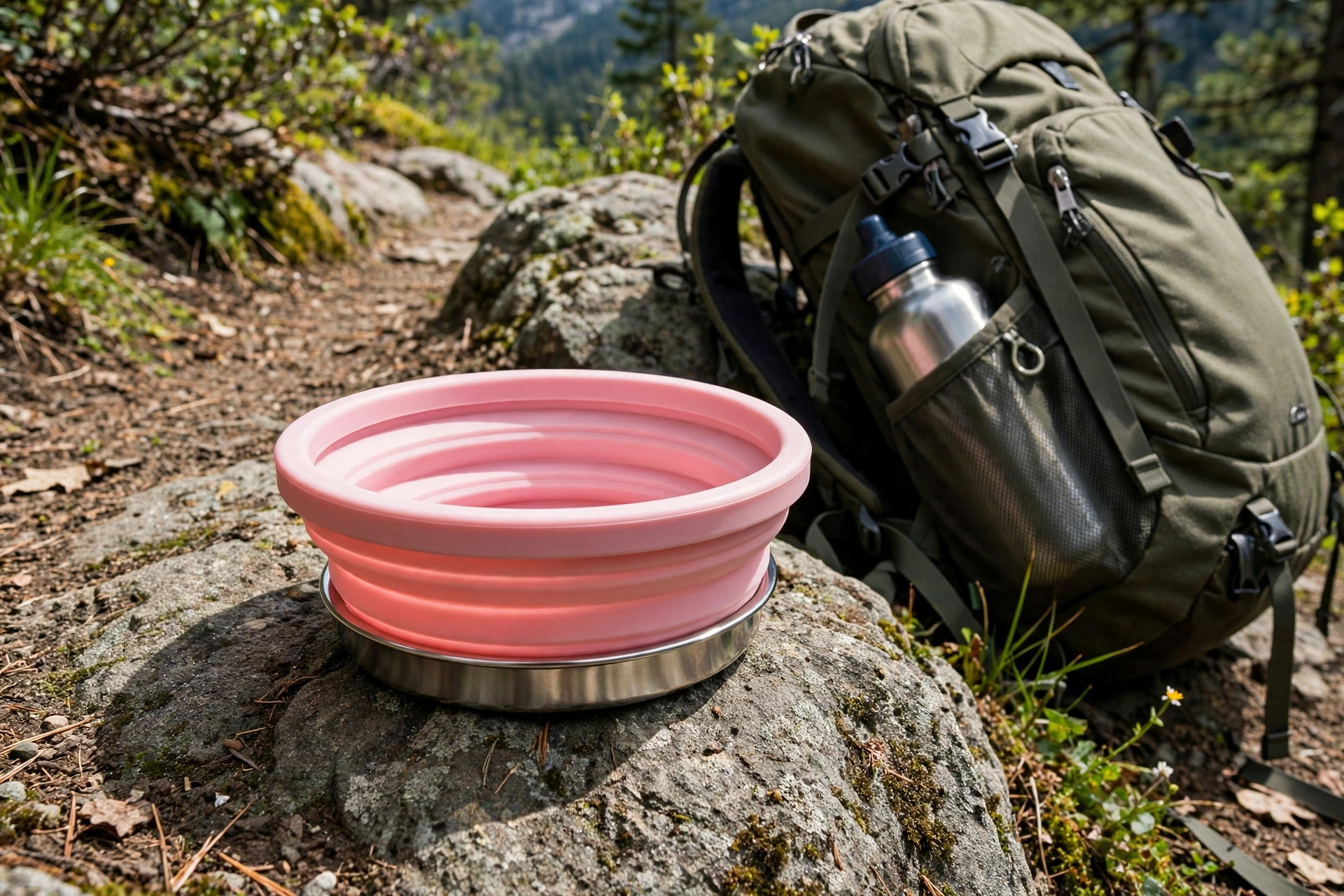 Collapsible travel cat food bowl on a hiking trail