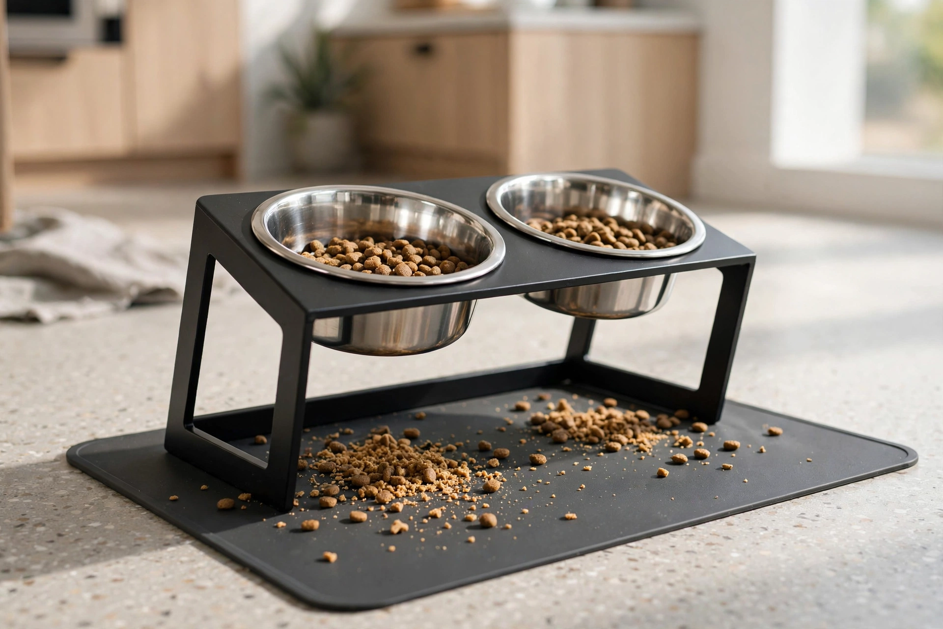 Two elevated stainless steel cat bowls on a stand with placemat