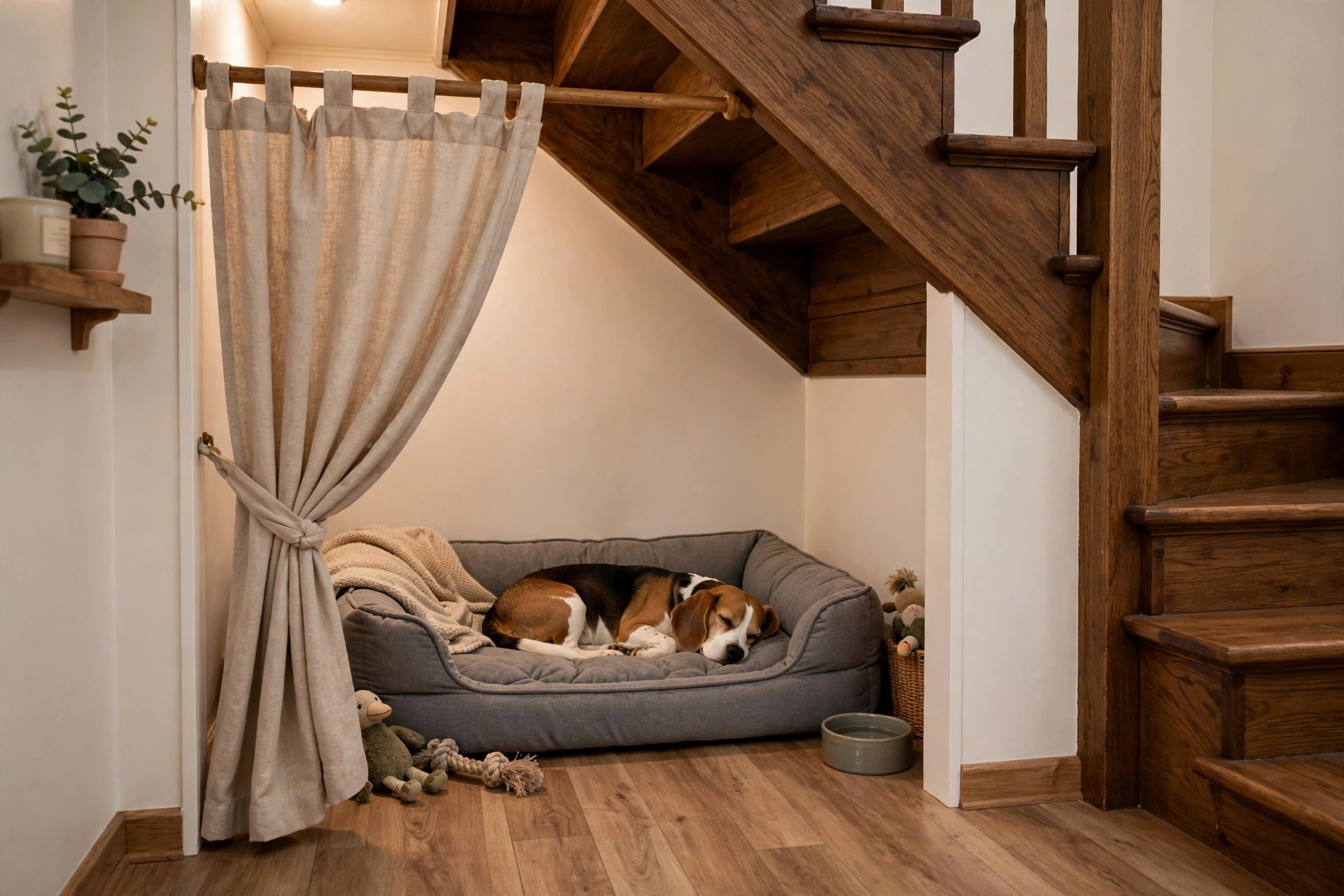 Under-stair cozy dog bedroom with curtain door and plush orthopedic bed