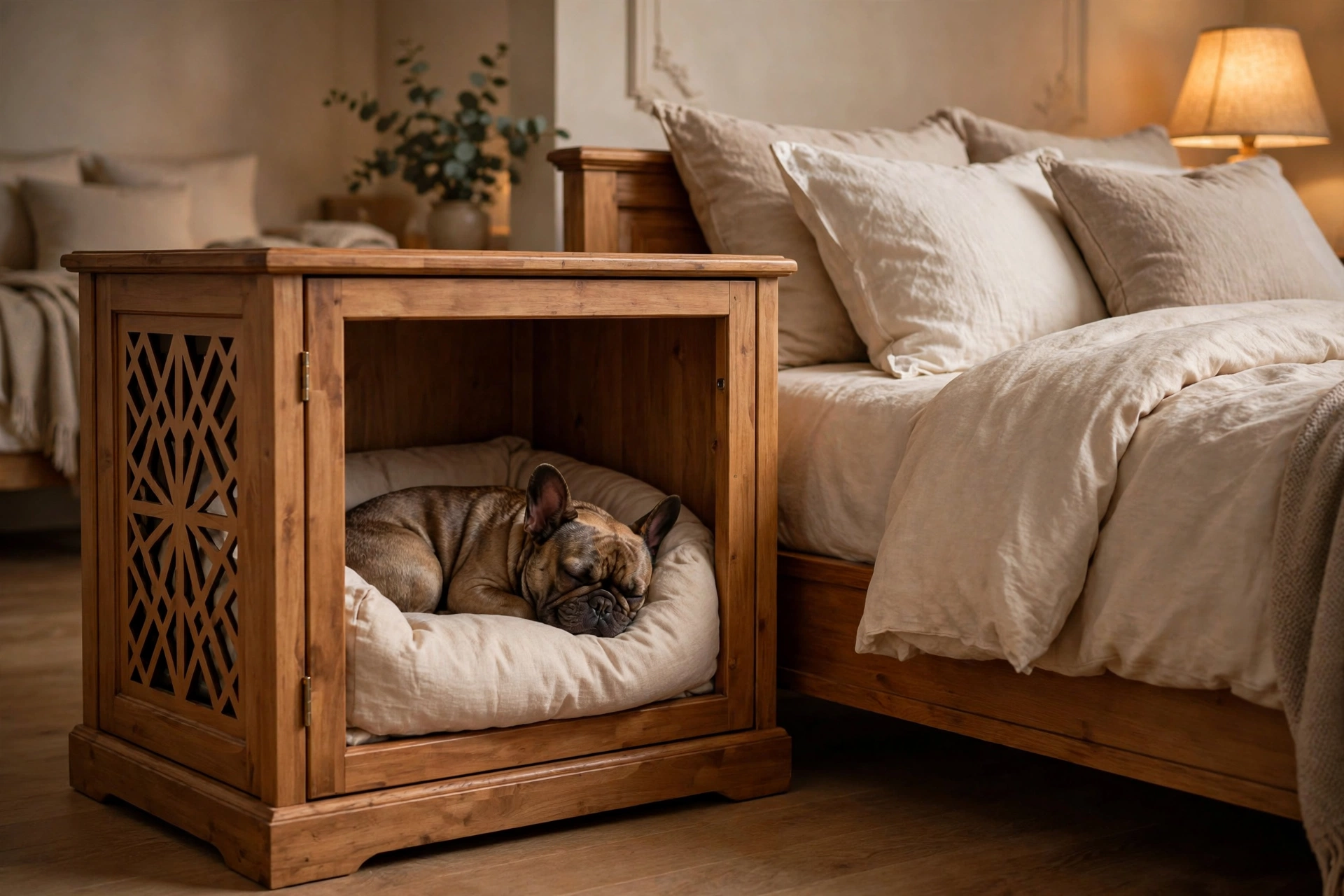 Nightstand-sized cozy dog bedroom kennel beside a master bed