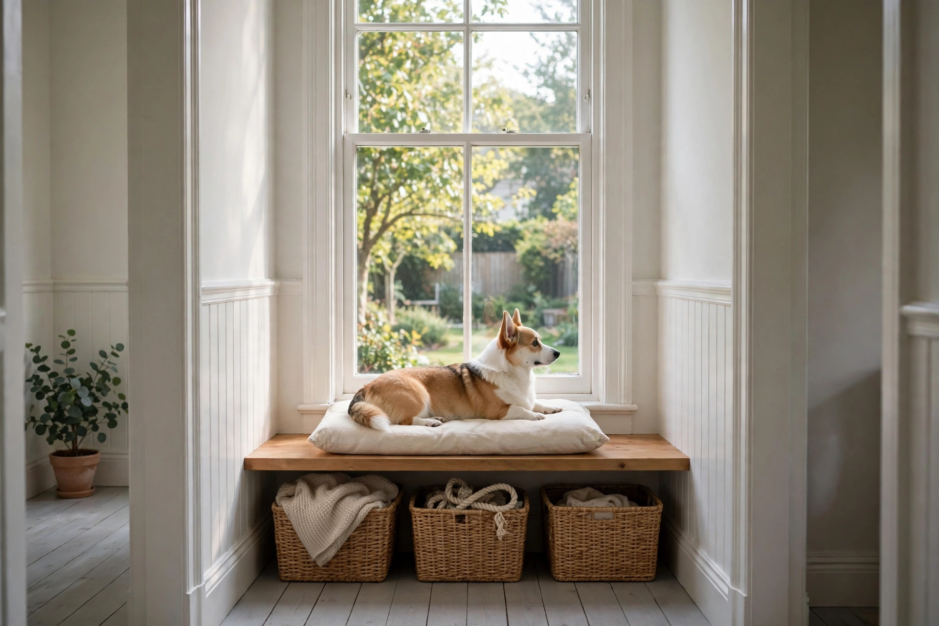 Hallway window-seat cozy dog bedroom nook with storage baskets underneath