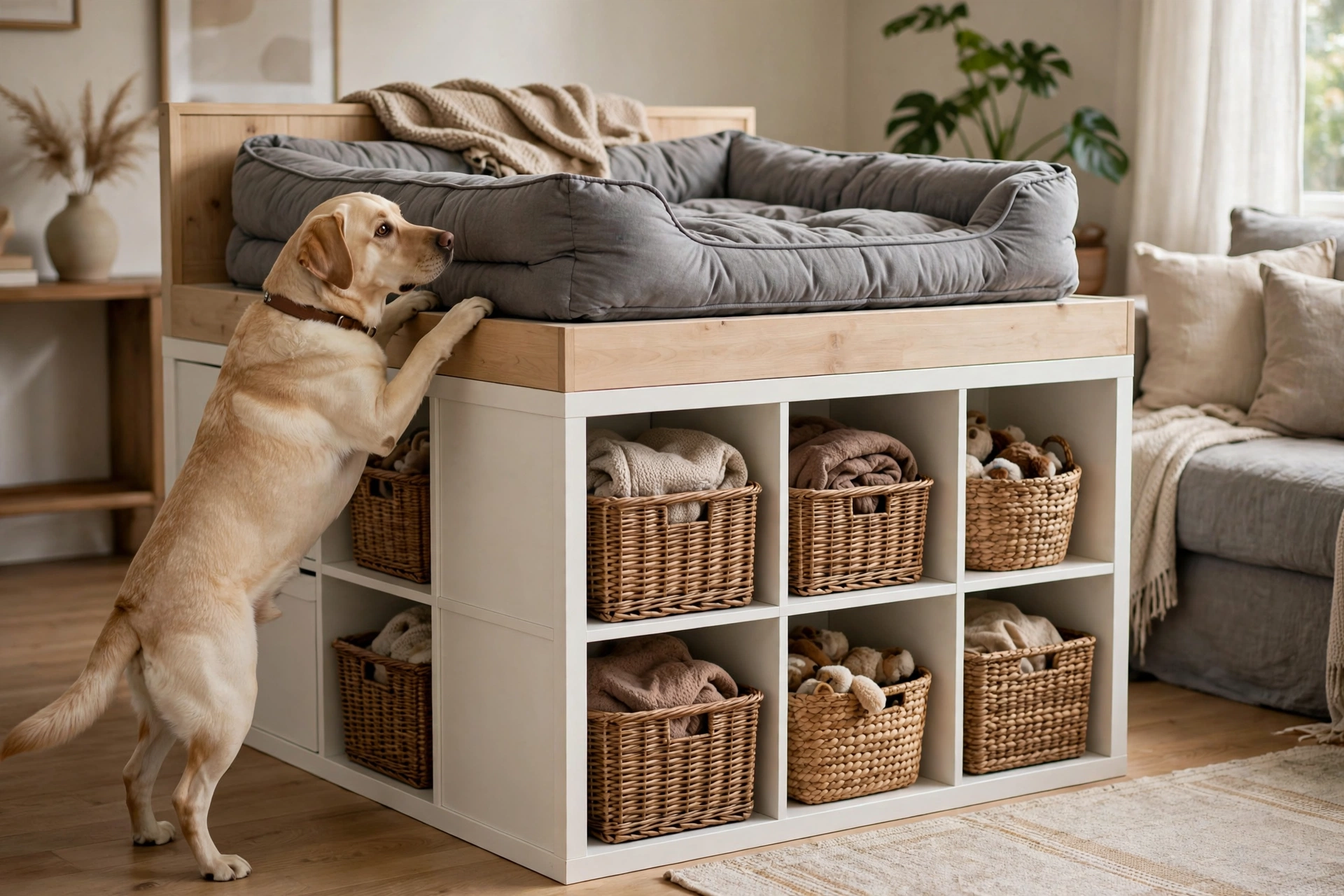 Raised platform cozy dog bedroom bed over white cube storage organizers
