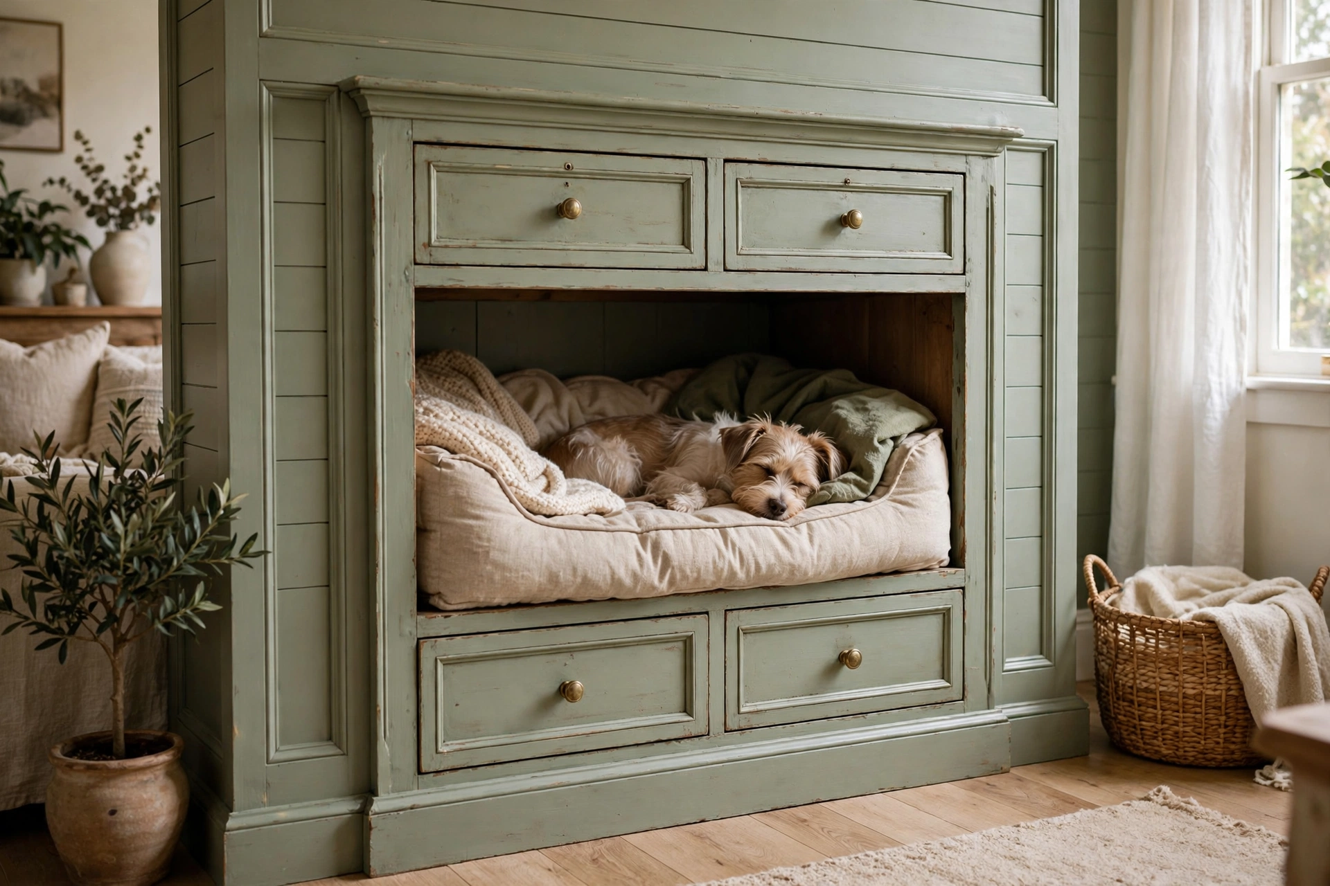 Old dresser converted into a built-in cozy dog bedroom cabinet den