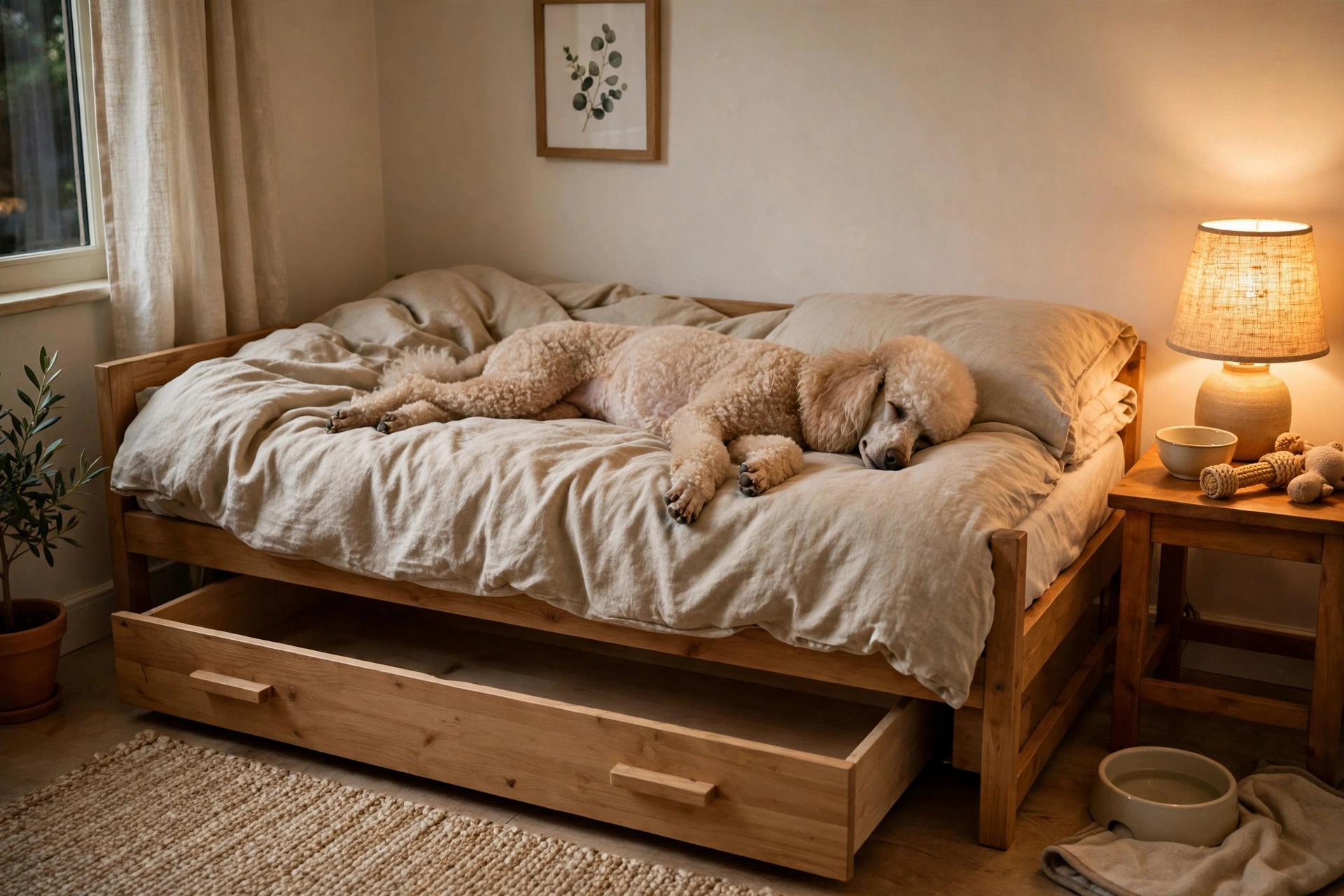 Daybed styled as a cozy dog bedroom in a small guest room