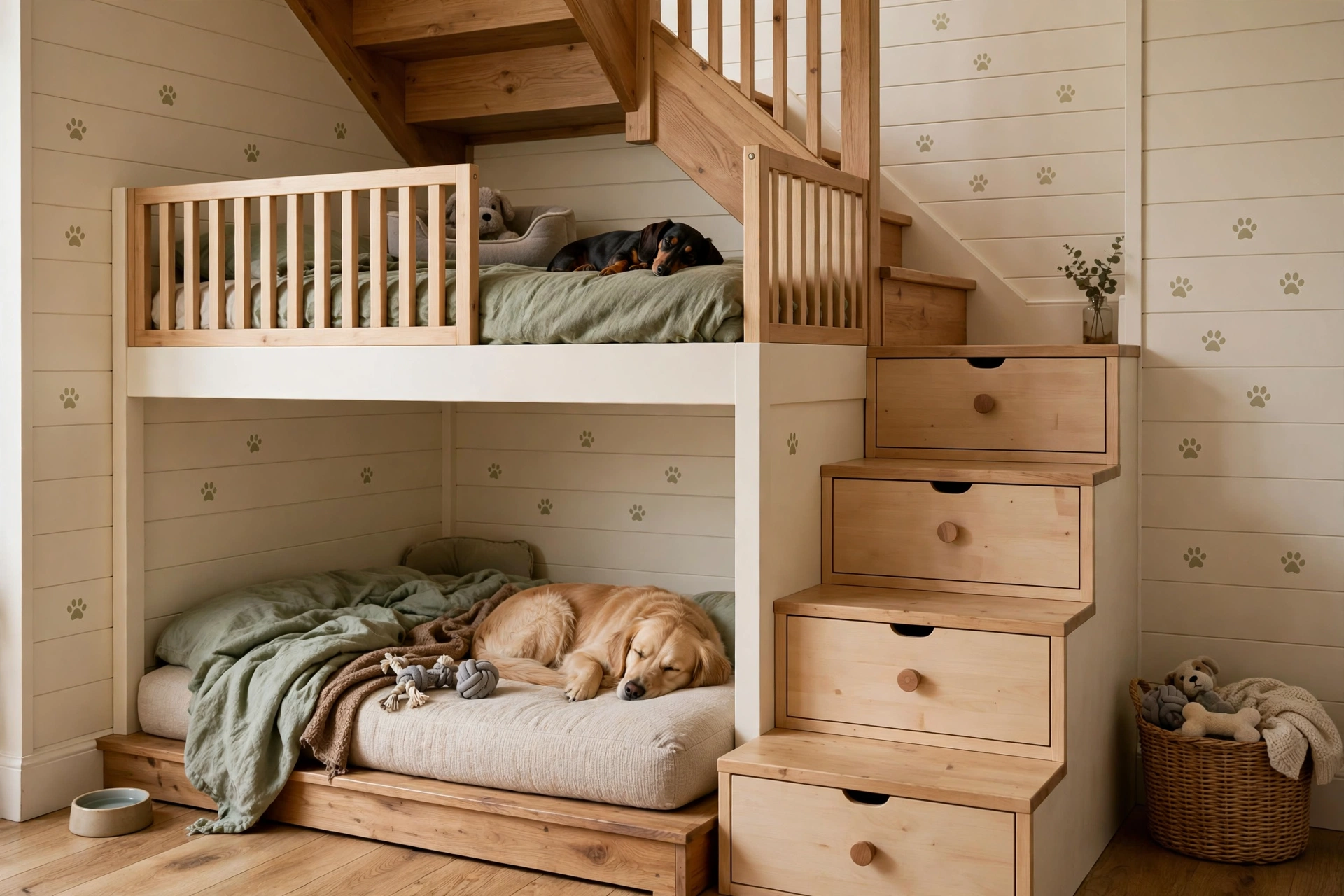 Under-stair bunk cozy dog bedroom with two levels for two dogs