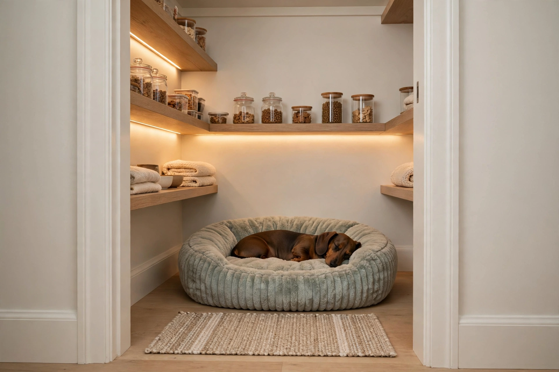 Walk-in closet converted into a cozy dog bedroom with shelves and lighting