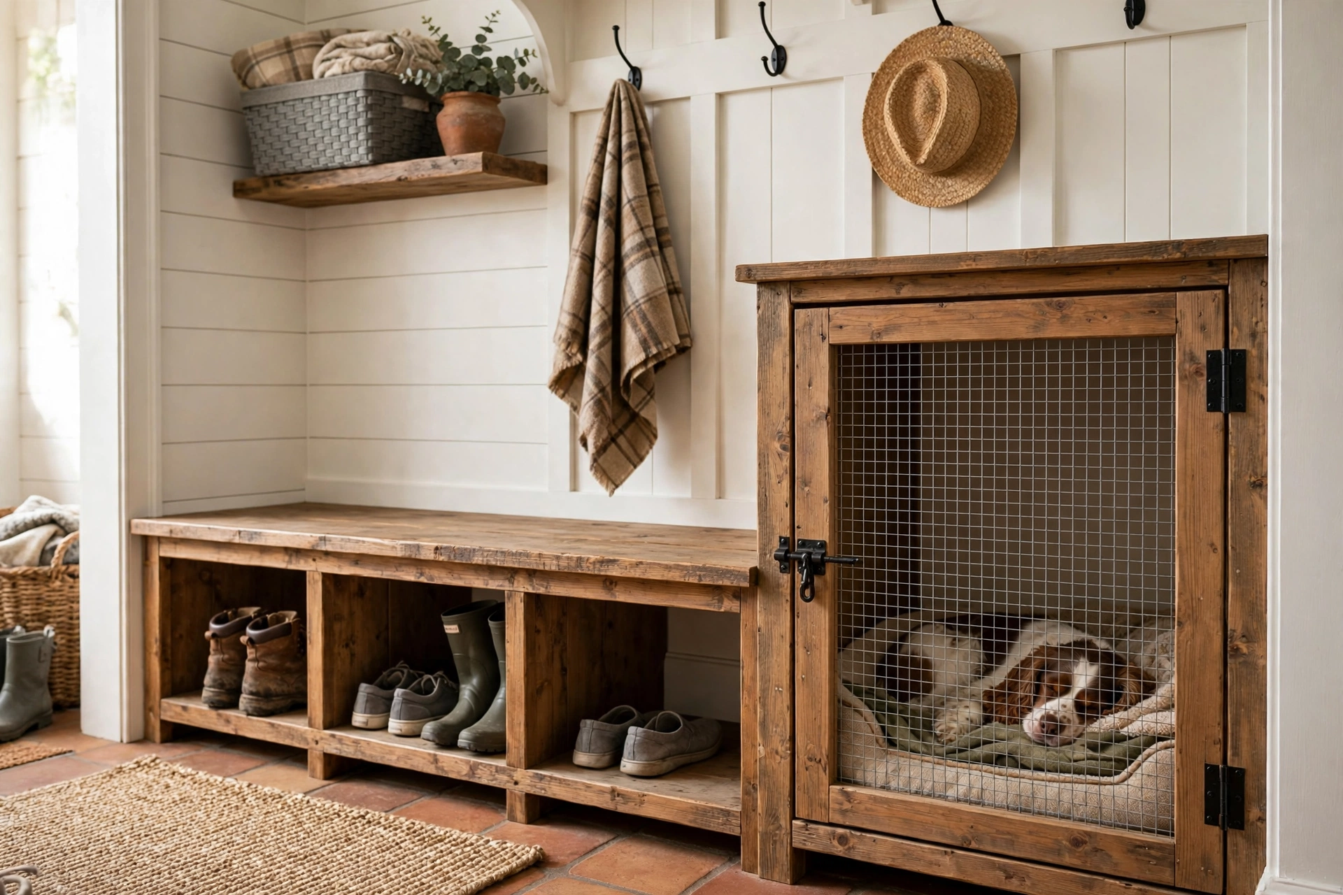 Entryway bench kennel serving as a cozy dog bedroom with shoe storage