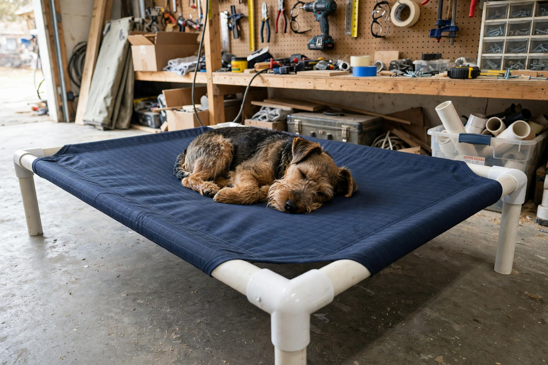 DIY elevated dog bed made from white PVC pipes with navy ripstop canvas, terrier resting on it