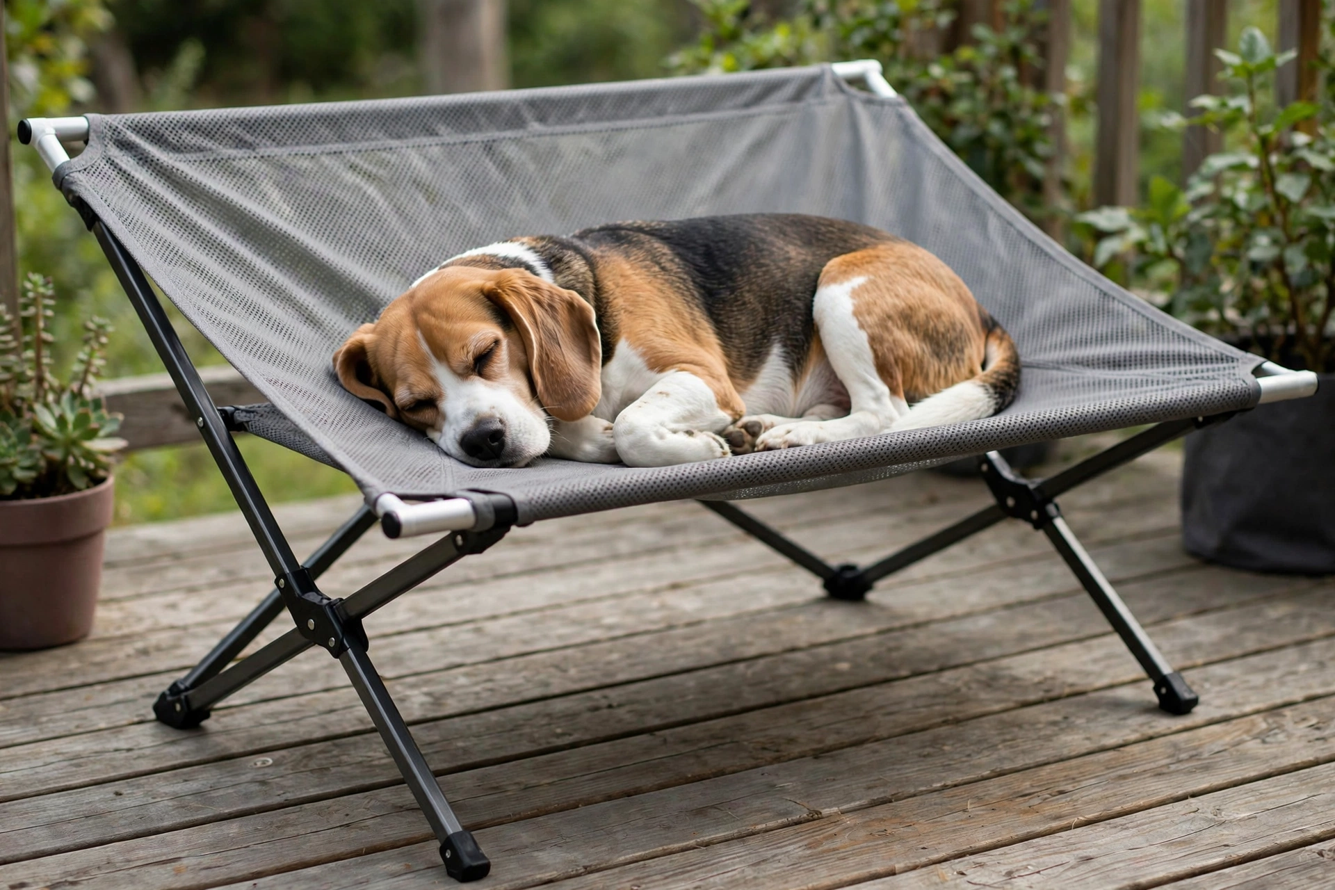 Folding X-frame elevated dog bed with gray mesh fabric, beagle napping on a deck