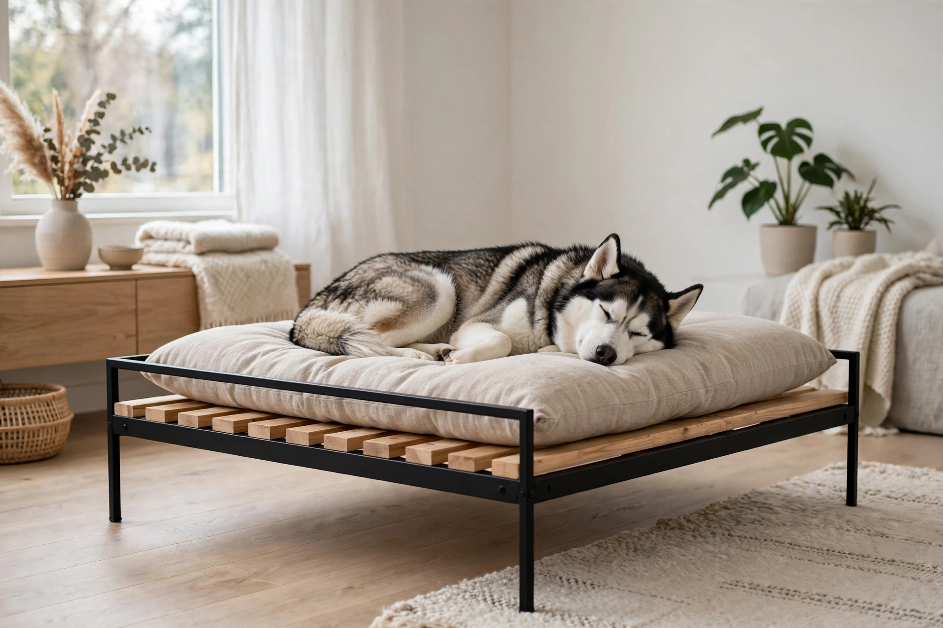 Minimalist elevated dog bed with black steel frame and wood slat base, husky resting in modern room