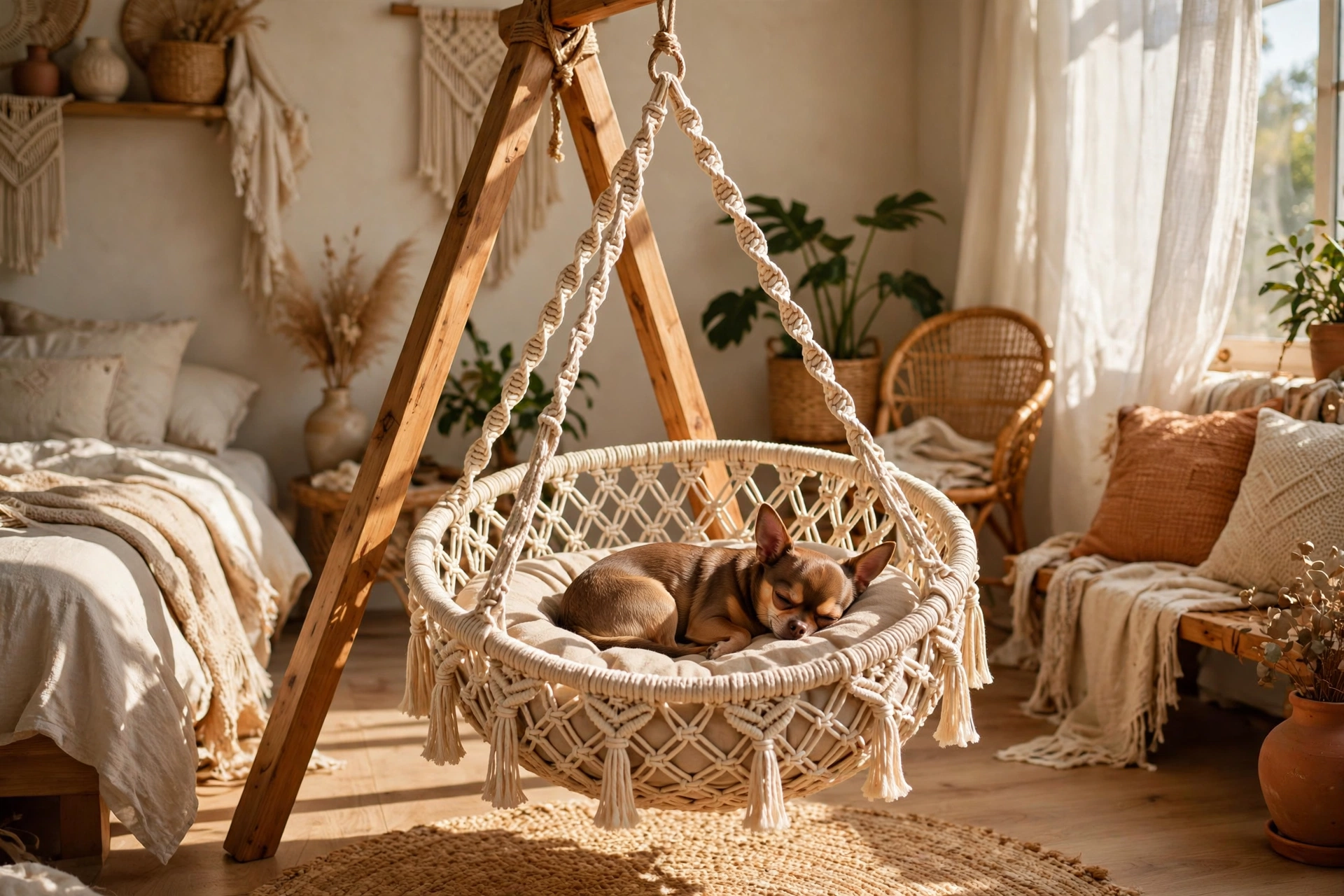 Boho macrame rope hammock elevated dog bed hanging from wooden A-frame, chihuahua curled inside