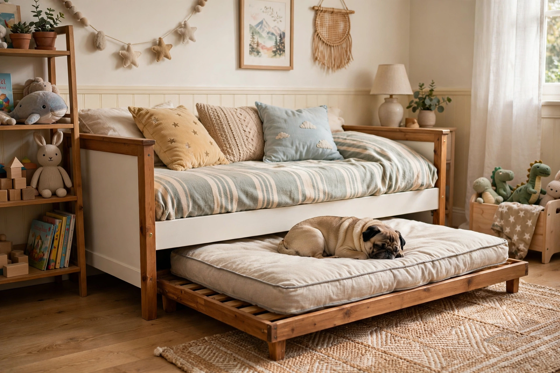 Raised trundle dog bed on short legs tucked under a daybed, small pug sleeping on it