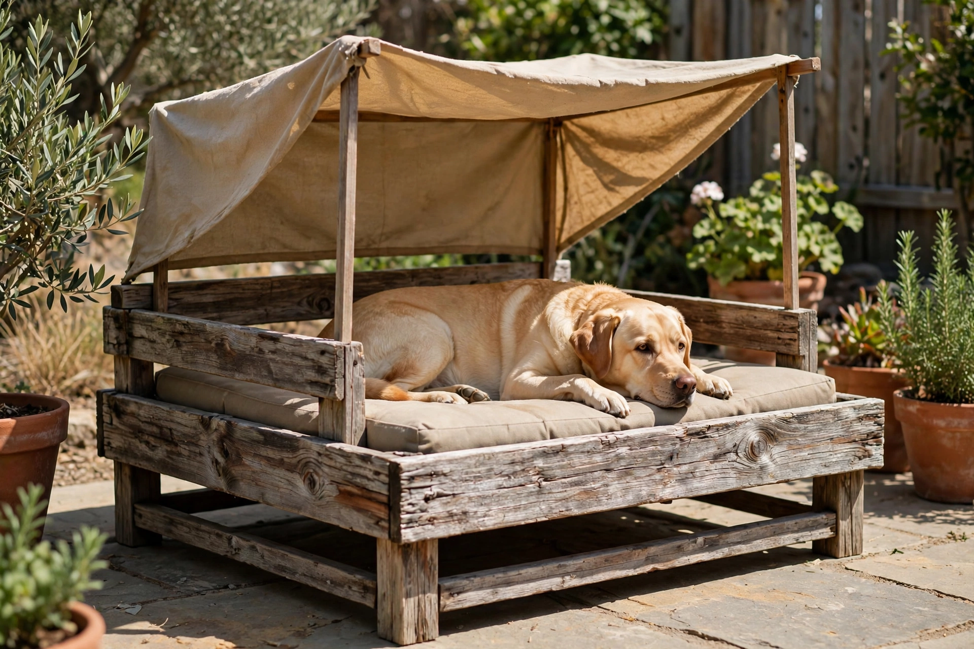 Outdoor elevated dog bed from weathered cedar planks with canvas sunshade canopy, labrador lounging