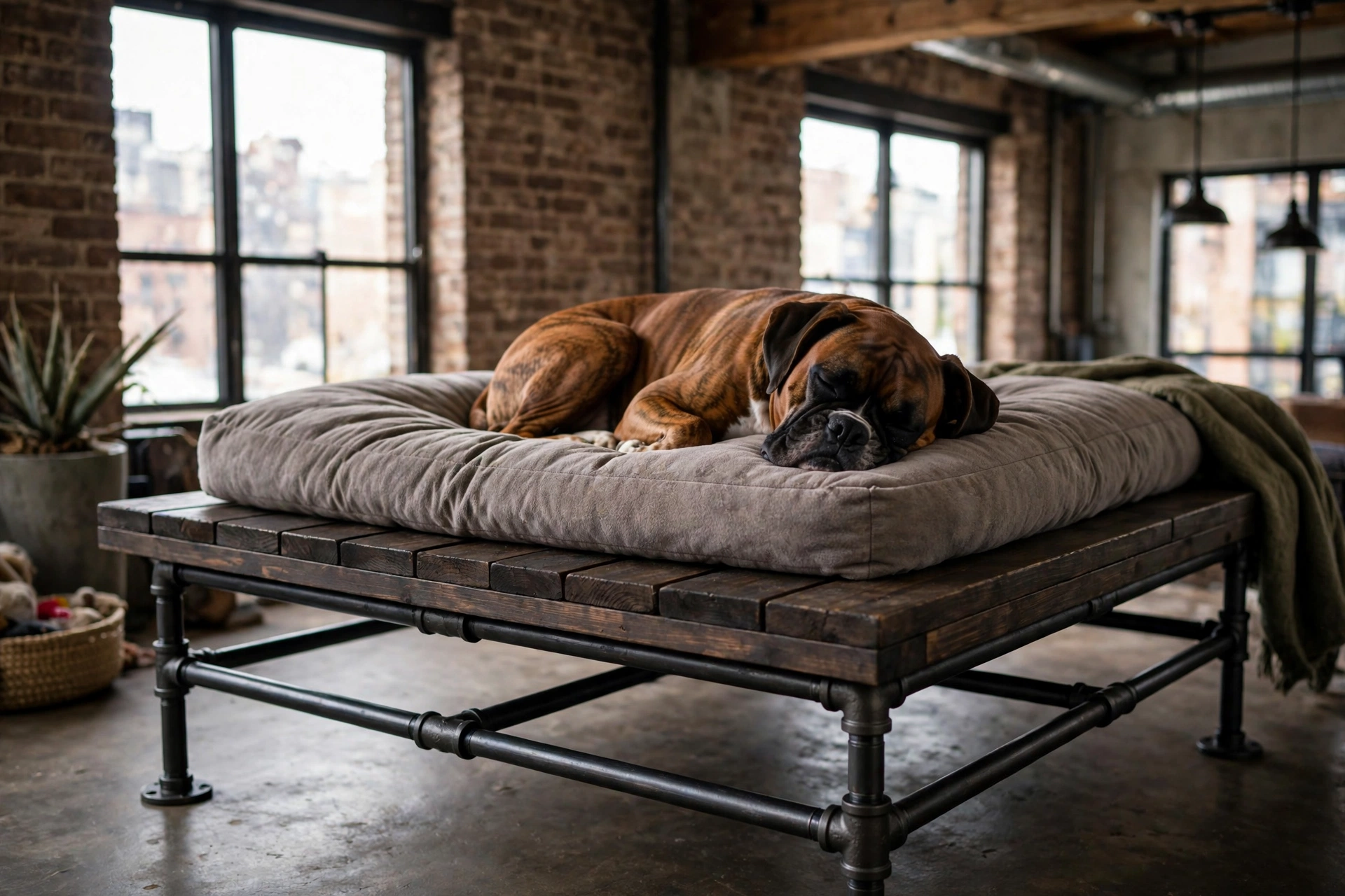 Industrial raised dog bed from black iron pipes and dark wood planks, boxer sleeping in loft