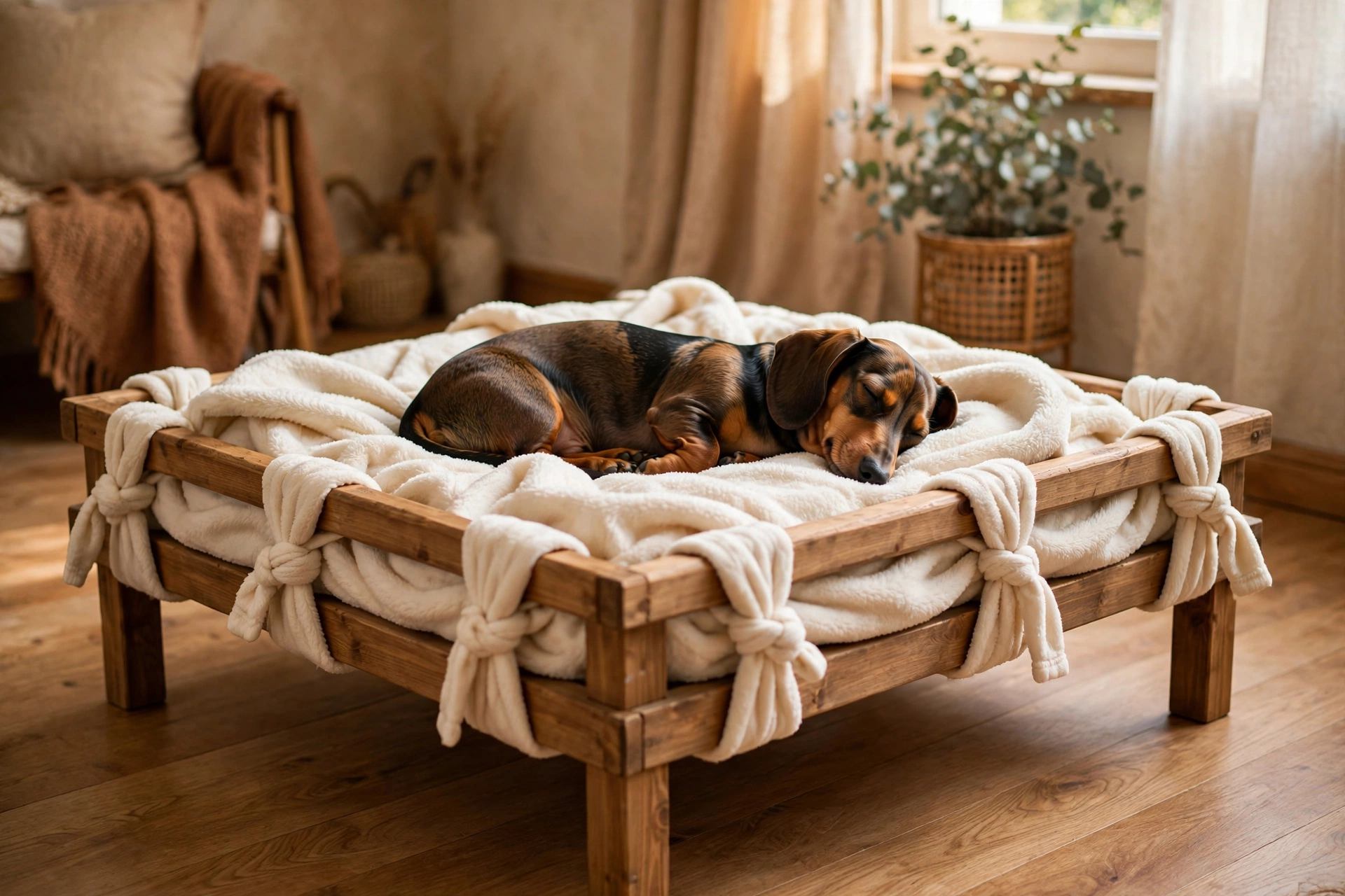 No-sew elevated dog bed with cream fleece tied around a wooden frame, dachshund snuggled on top