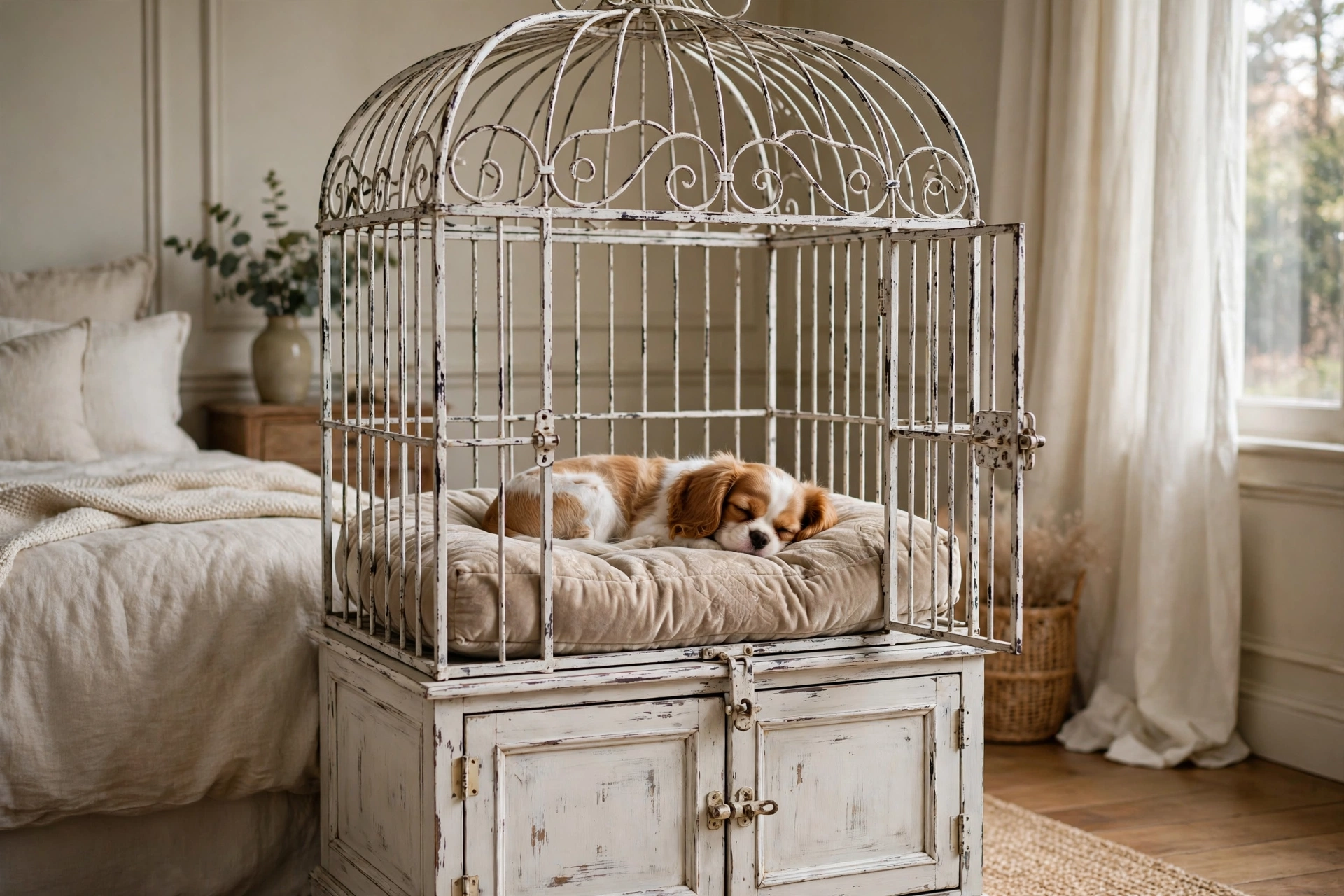 Distressed white wrought iron birdcage style dog crate cabinet with a dog resting inside