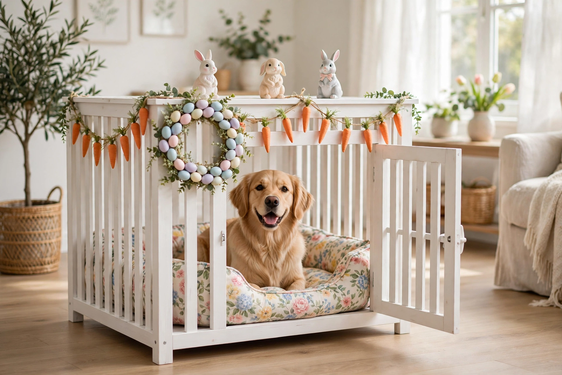 White slatted dog crate decorated for Easter with pastel eggs, carrot garland and bunny figurines