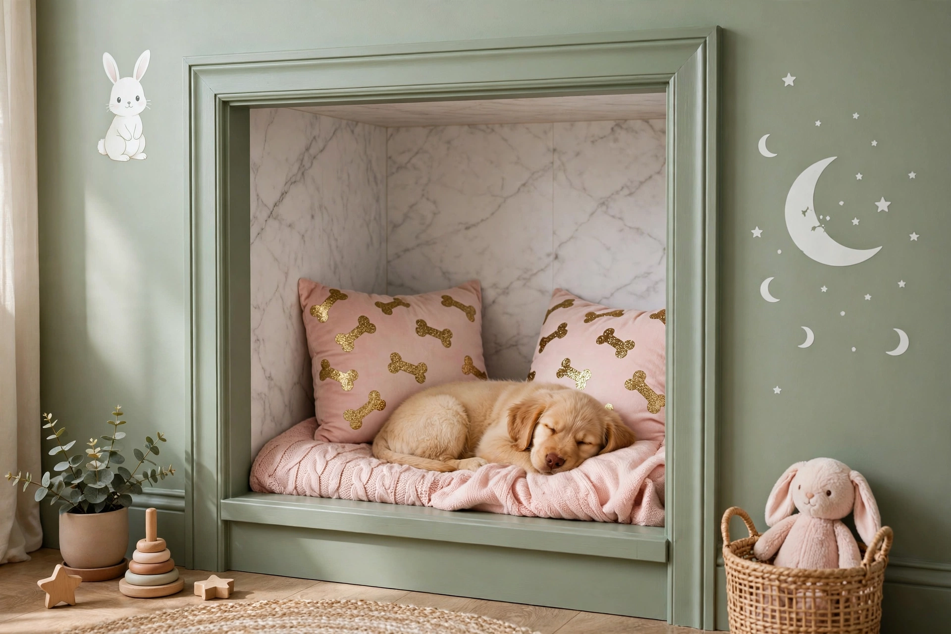 Sage green dog crate nook with bunny and moon wall decals and gold glitter bone pillows