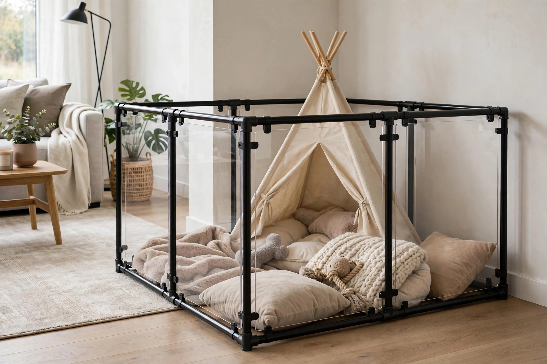 Modern black pipe frame dog playpen with clear acrylic panels and a teepee bed