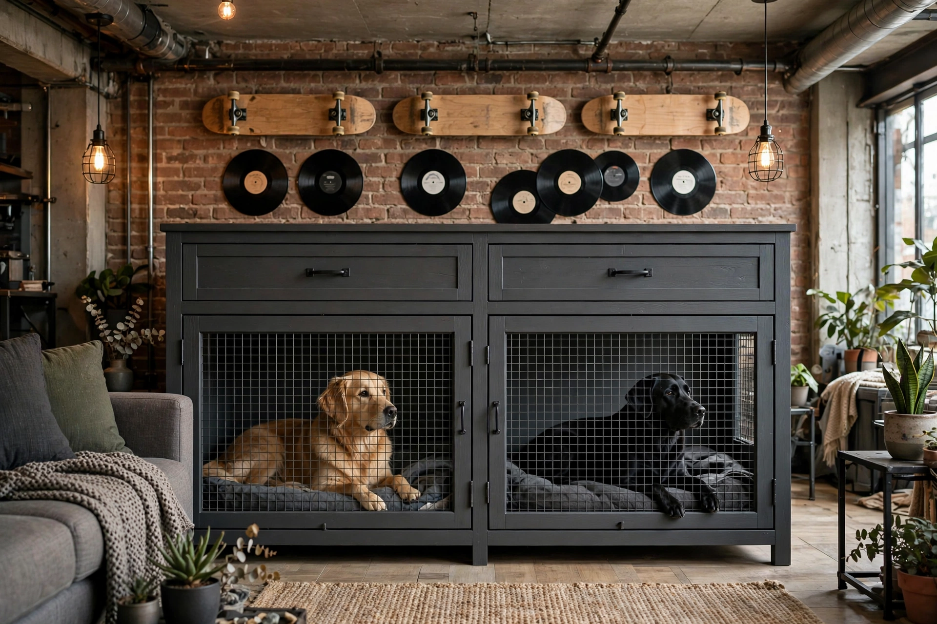 Dark charcoal double dog crate media console with mesh doors under a gallery wall