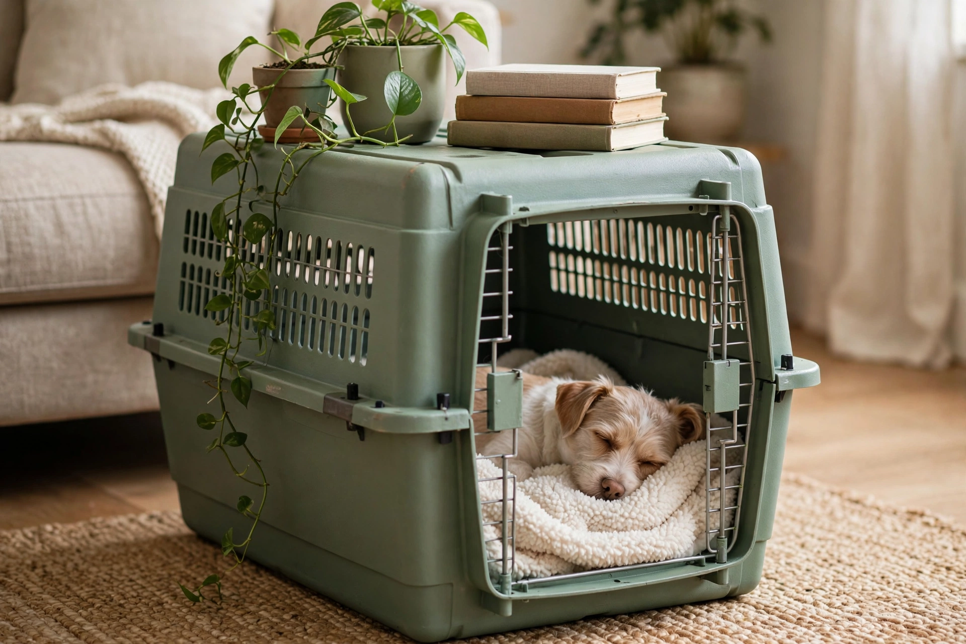 Sage green spray painted plastic dog crate styled as a side table with a plant on top
