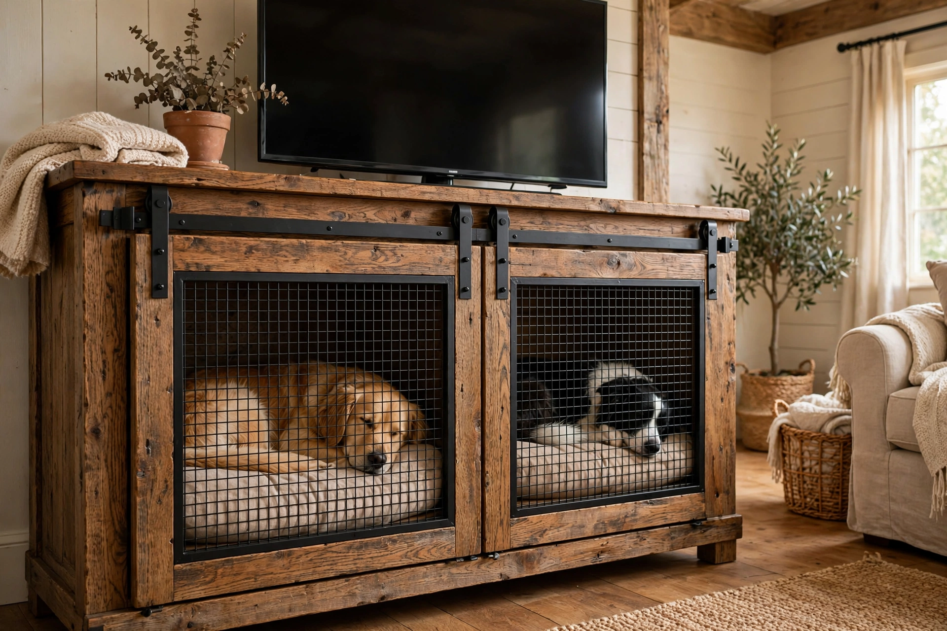 Rustic oak TV console with black mesh sliding cabinet doors and two dogs resting inside