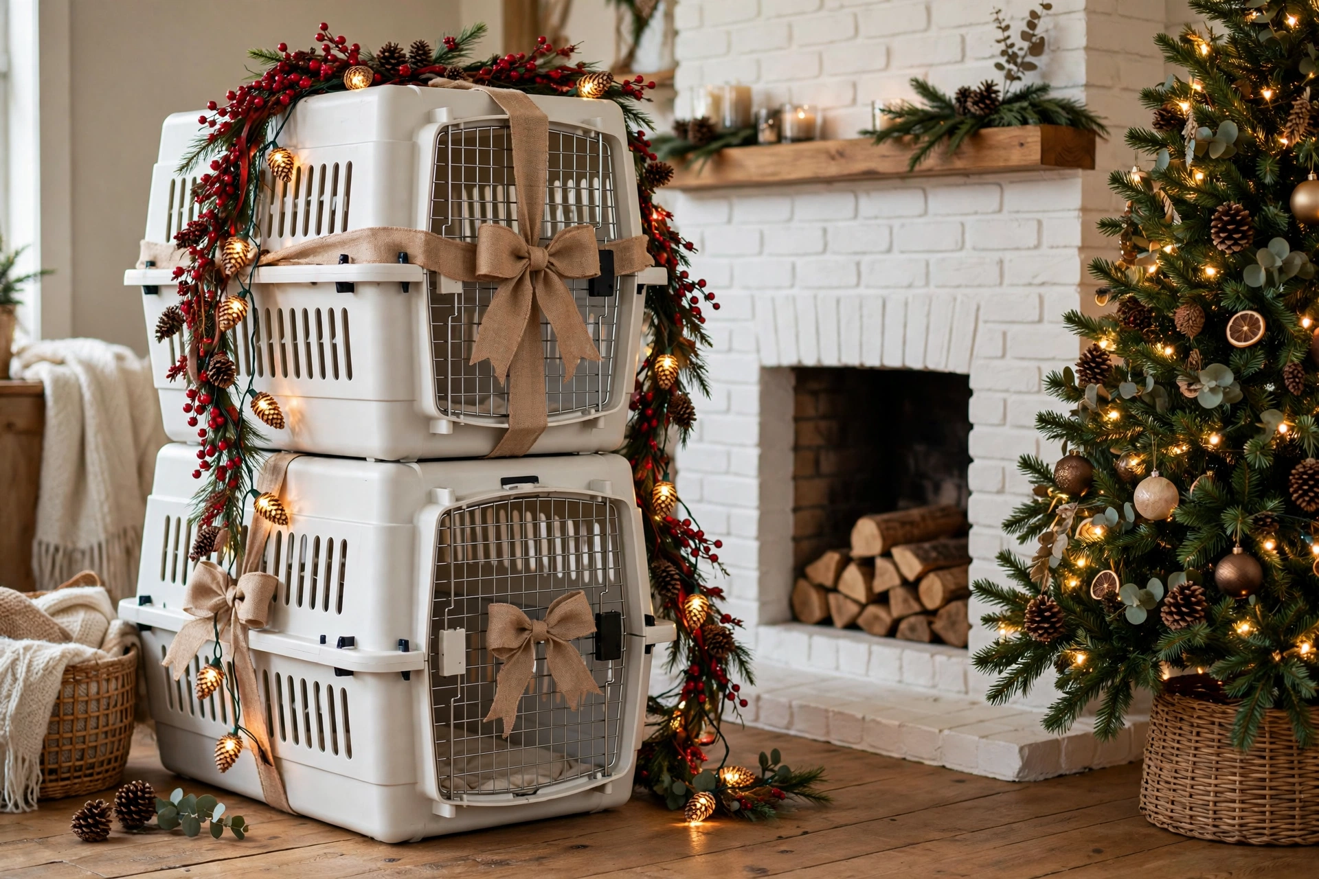 Two white stackable dog crates decorated with red berry garland and pine cone lights by a Christmas tree