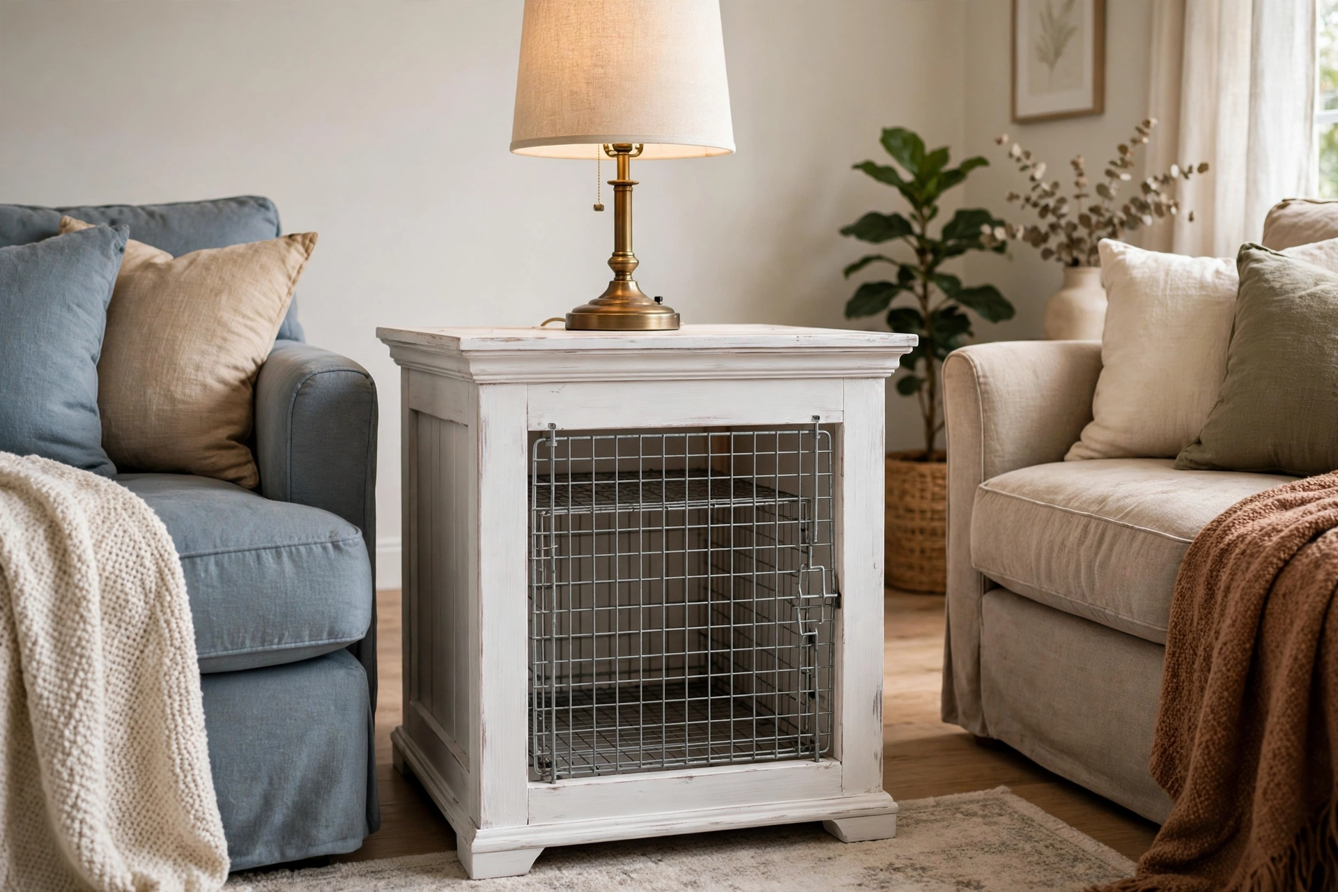 White chalk painted dog crate end table with crown molding trim between two sofas