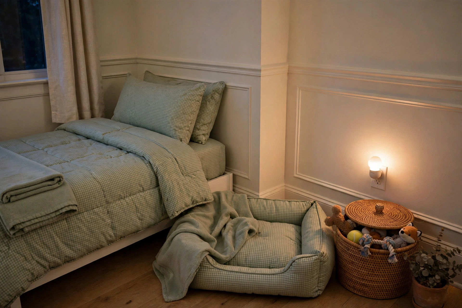 Guest room corner with dog bed matching bedding, basket of toys, and soft lighting
