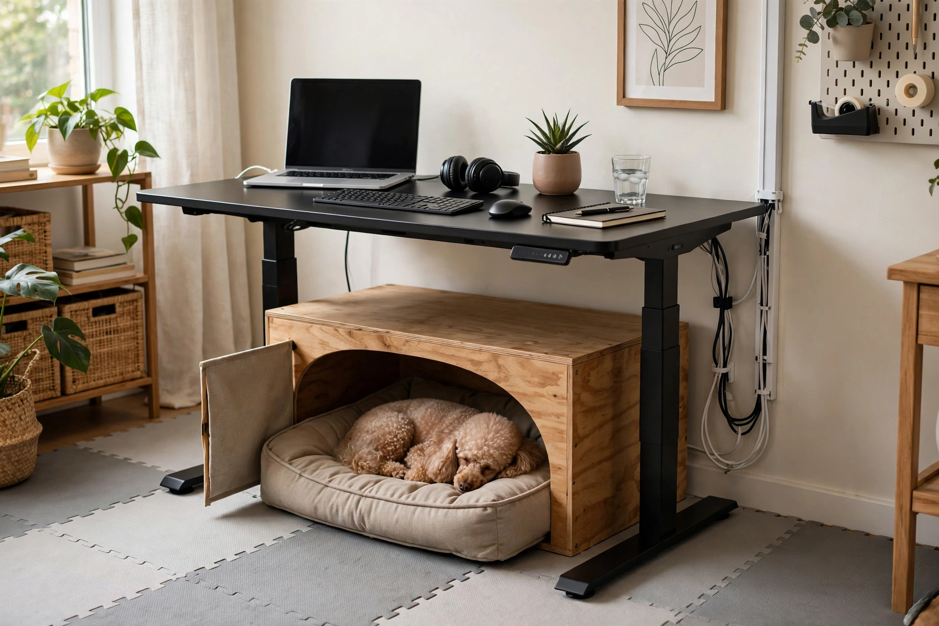 Home office with dog den under a standing desk, cushioned bed, and cable management