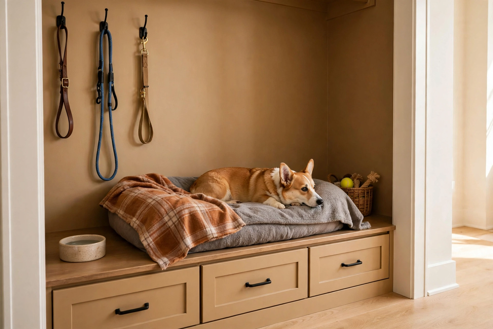 Closet converted into a dog room with removed doors, built-in bed platform, and painted interior