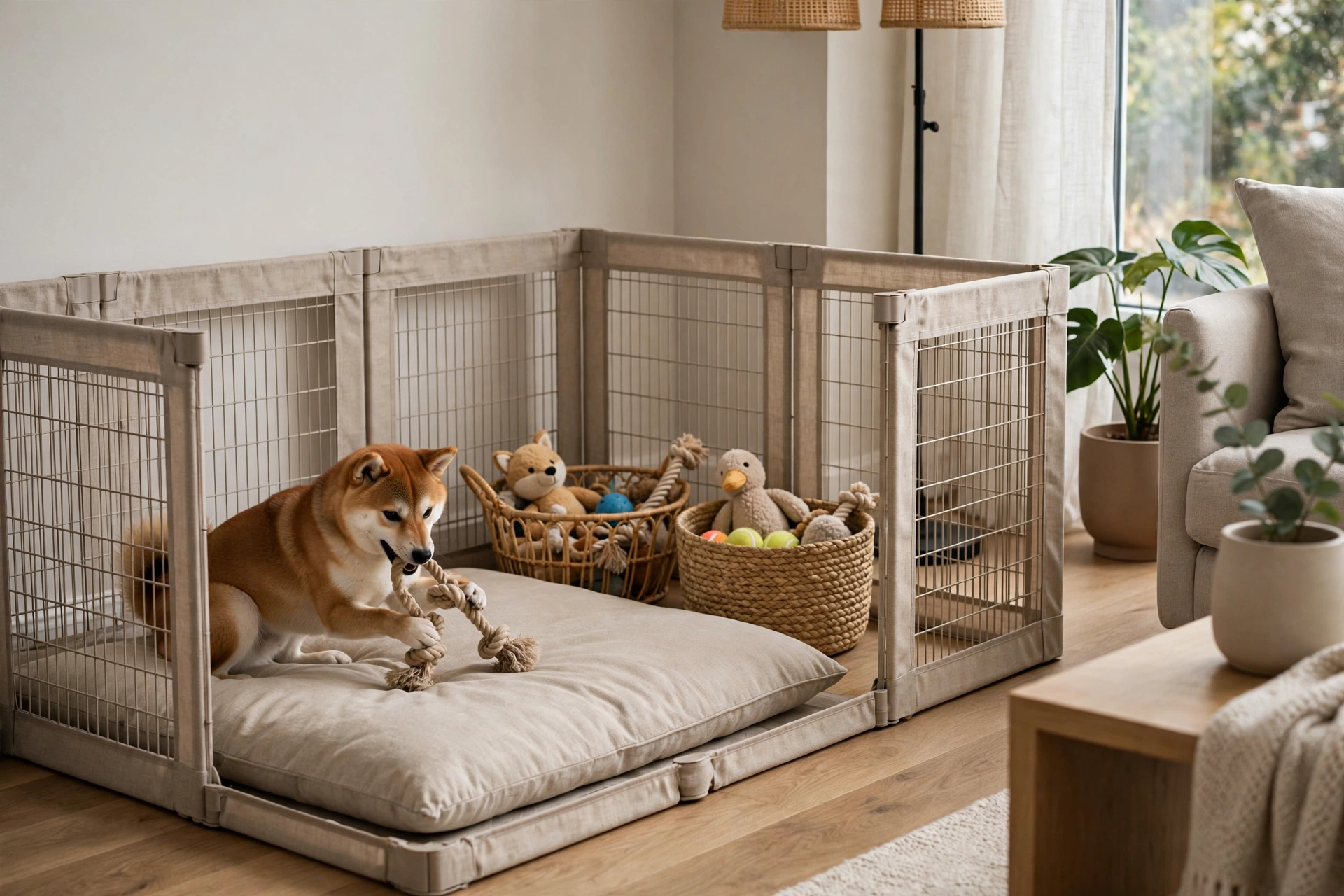 Living room corner with modular dog playpen panels, neutral tones, and toy baskets