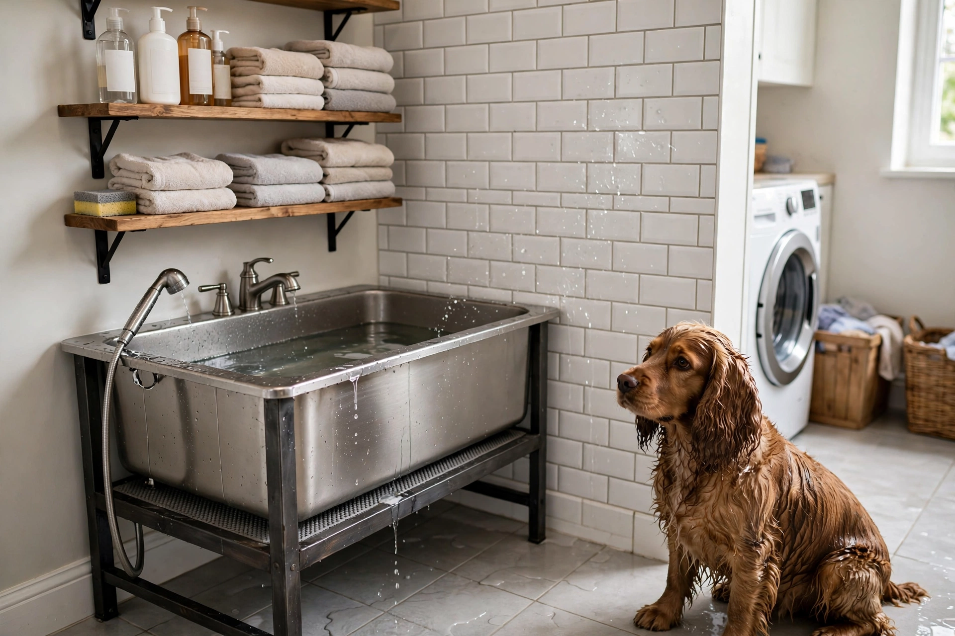 Laundry room corner with elevated dog wash tub, shelves of towels, and tiled splash wall